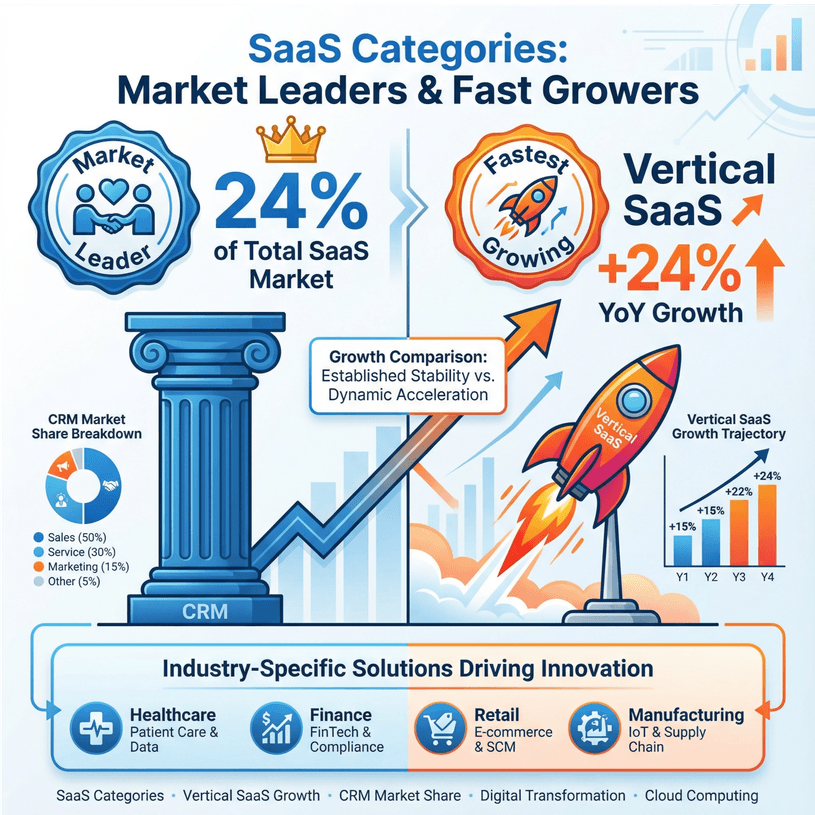 SaaS market leaders and fastest-growing categories infographic with CRM market share, vertical SaaS growth, and industry solutions.