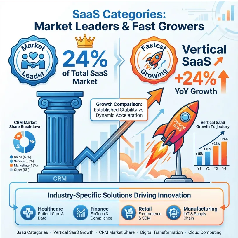 SaaS market leaders and fastest-growing categories infographic with CRM market share, vertical SaaS growth, and industry solutions.