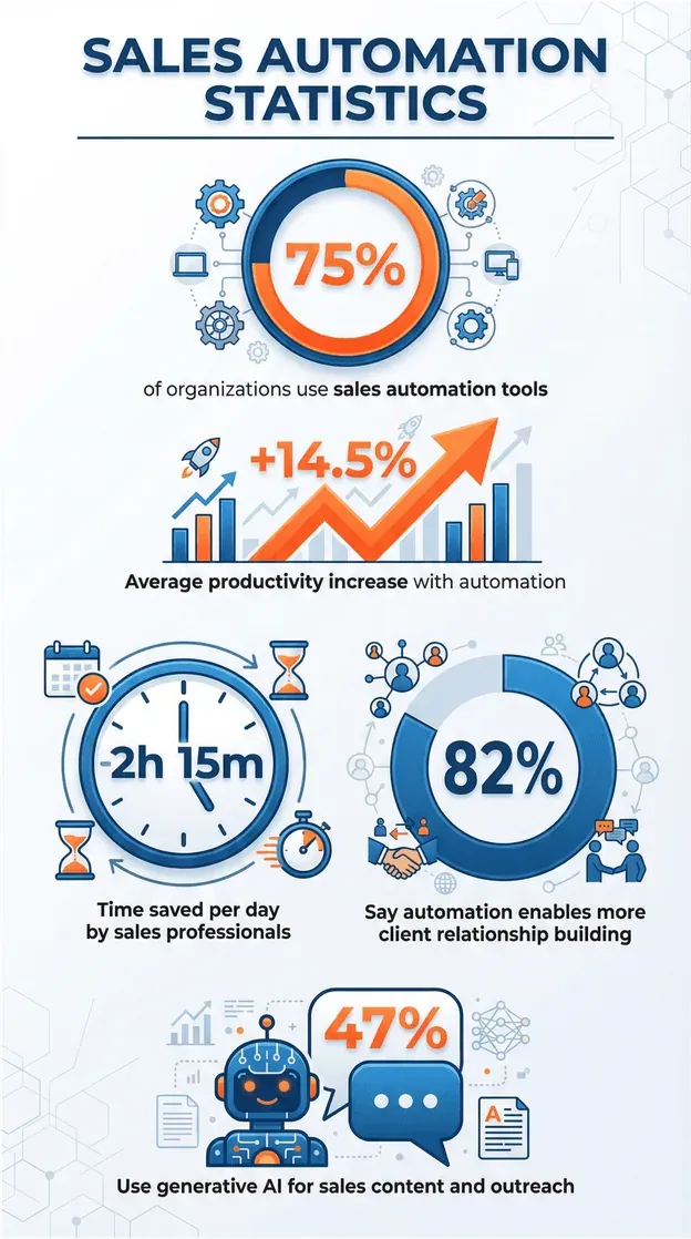 Infografika statystyk automatyzacji sprzedaży z kluczowymi procentami, wzrostem produktywności, zaoszczędzonym czasem i wykorzystaniem AI.