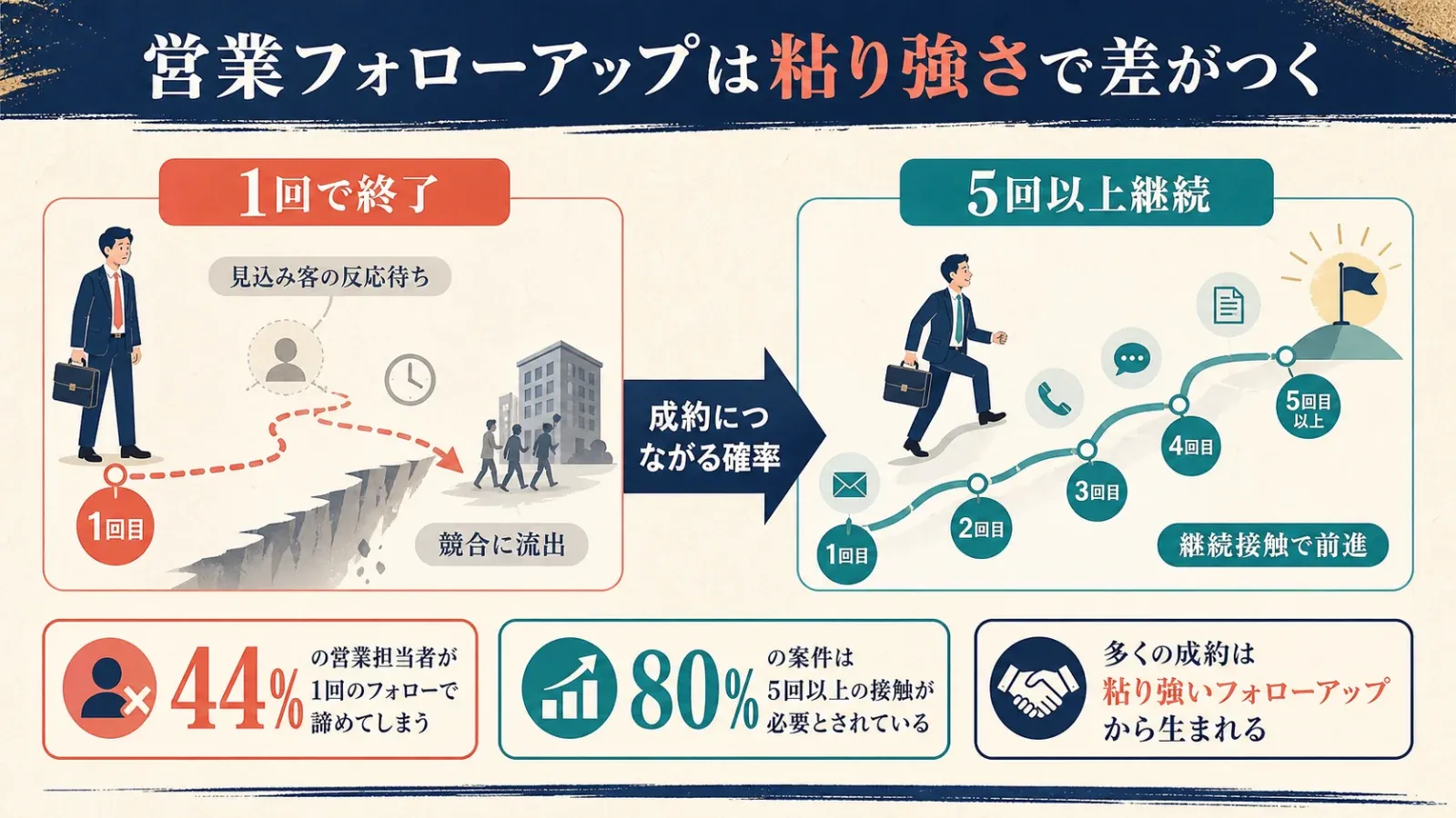  早々に諦める場合と粘り強くフォローアップする場合を比較した、営業フォローアップのギャップを示すインフォグラフィック。チャート、マラソンの比喩、影響フローが含まれる。