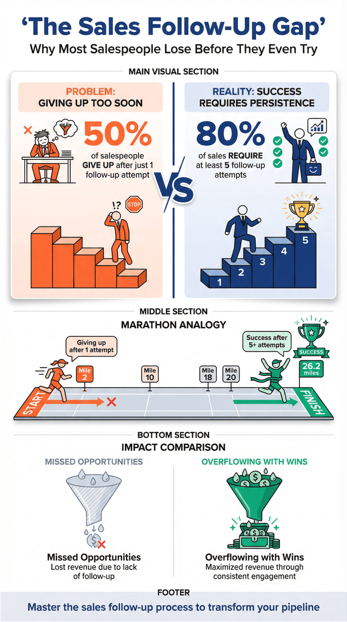  Sales follow-up gap infographic comparing early quitting to persistent follow-up, using charts, marathon analogy, and impact funnels.