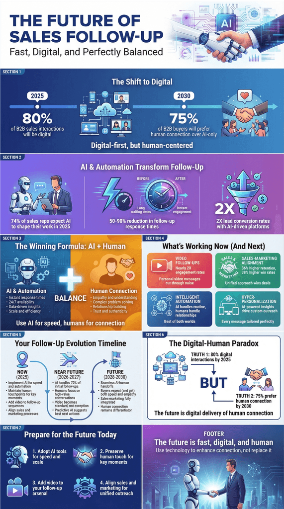 Future of sales follow-up infographic showing digital and AI trends, benefits of AI-human balance, and steps for effective follow-up.