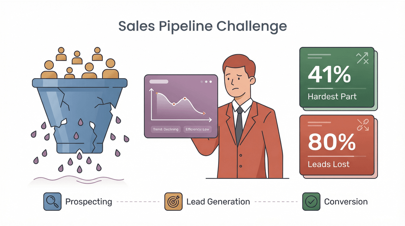 Sales pipeline challenge infographic with a leaky funnel, declining trend chart, and statistics showing 41% hardest part and 80% leads lost.