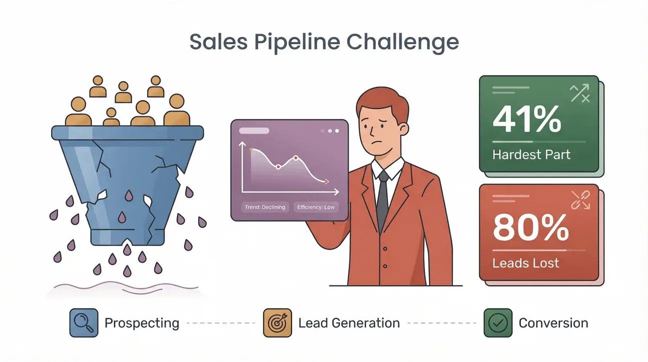 Sales pipeline challenge infographic with a leaky funnel, declining trend chart, and statistics showing 41% hardest part and 80% leads lost.