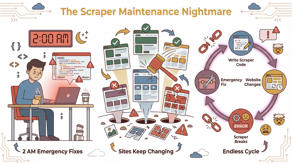 Scraper maintenance nightmare illustration showing late-night emergency fixes, changing websites, and a frustrating endless cycle.