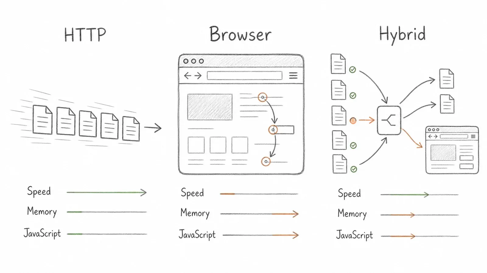 Qualitative comparison of HTTP crawling, browser automation, and hybrid scraping