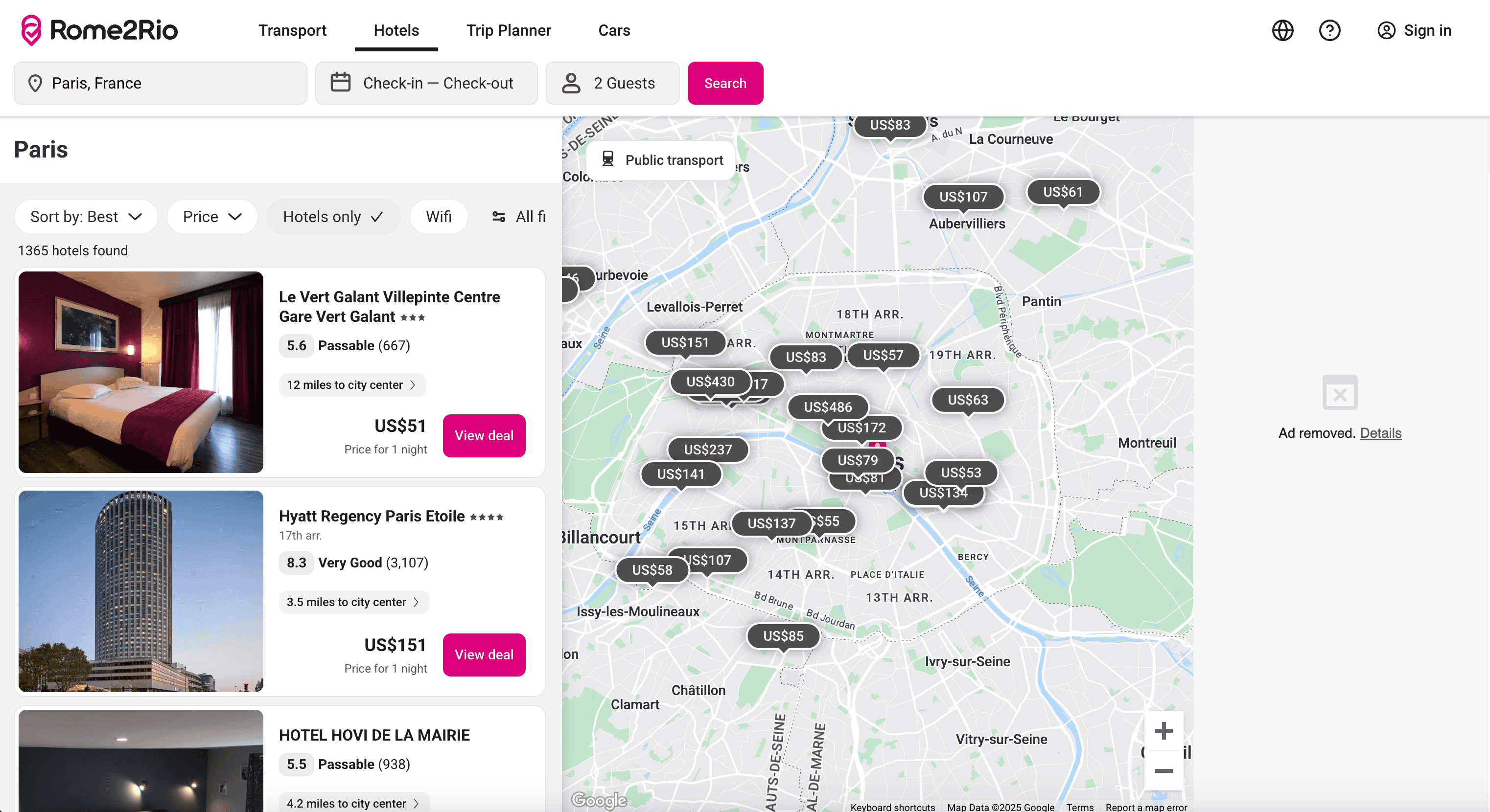 Hotels Search Result Screenshot