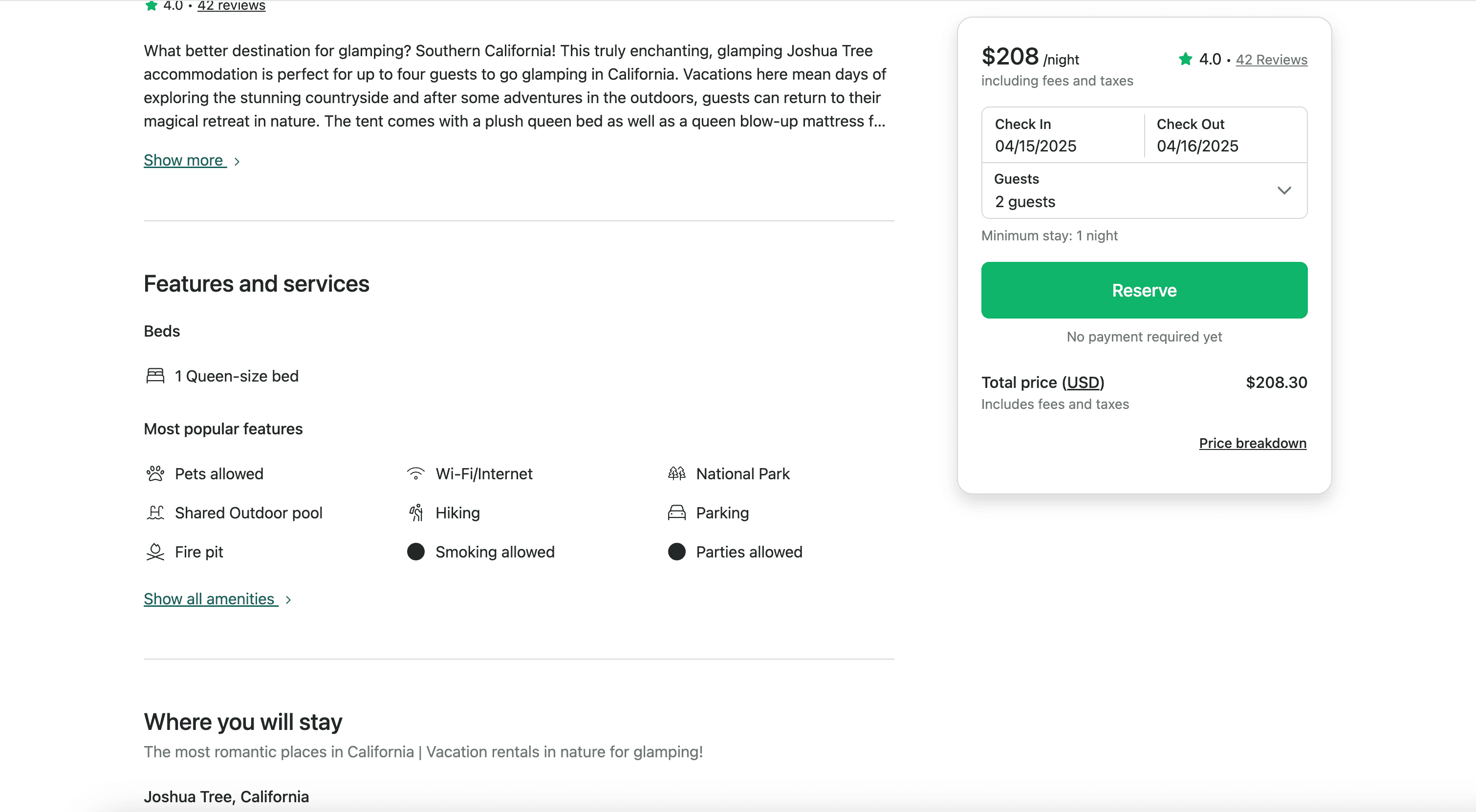 Glamping Details Result Screenshot
