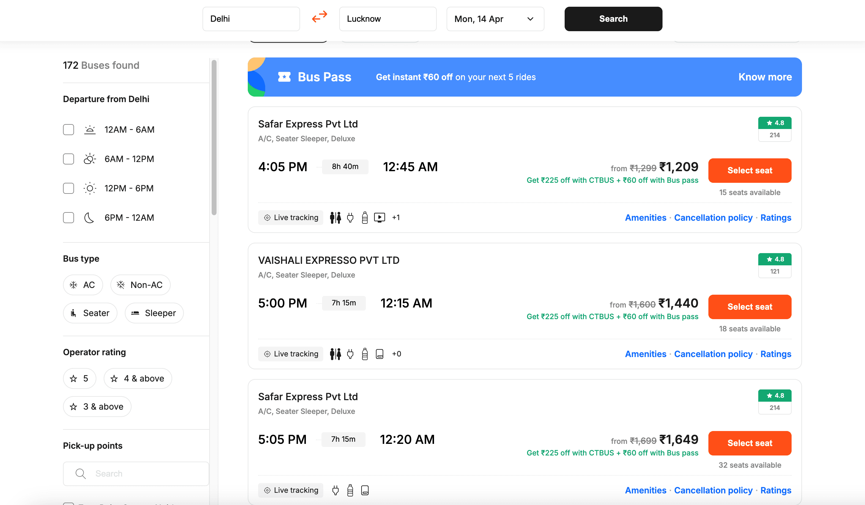 Captura de pantalla de Resultados de Búsqueda de Autobuses
