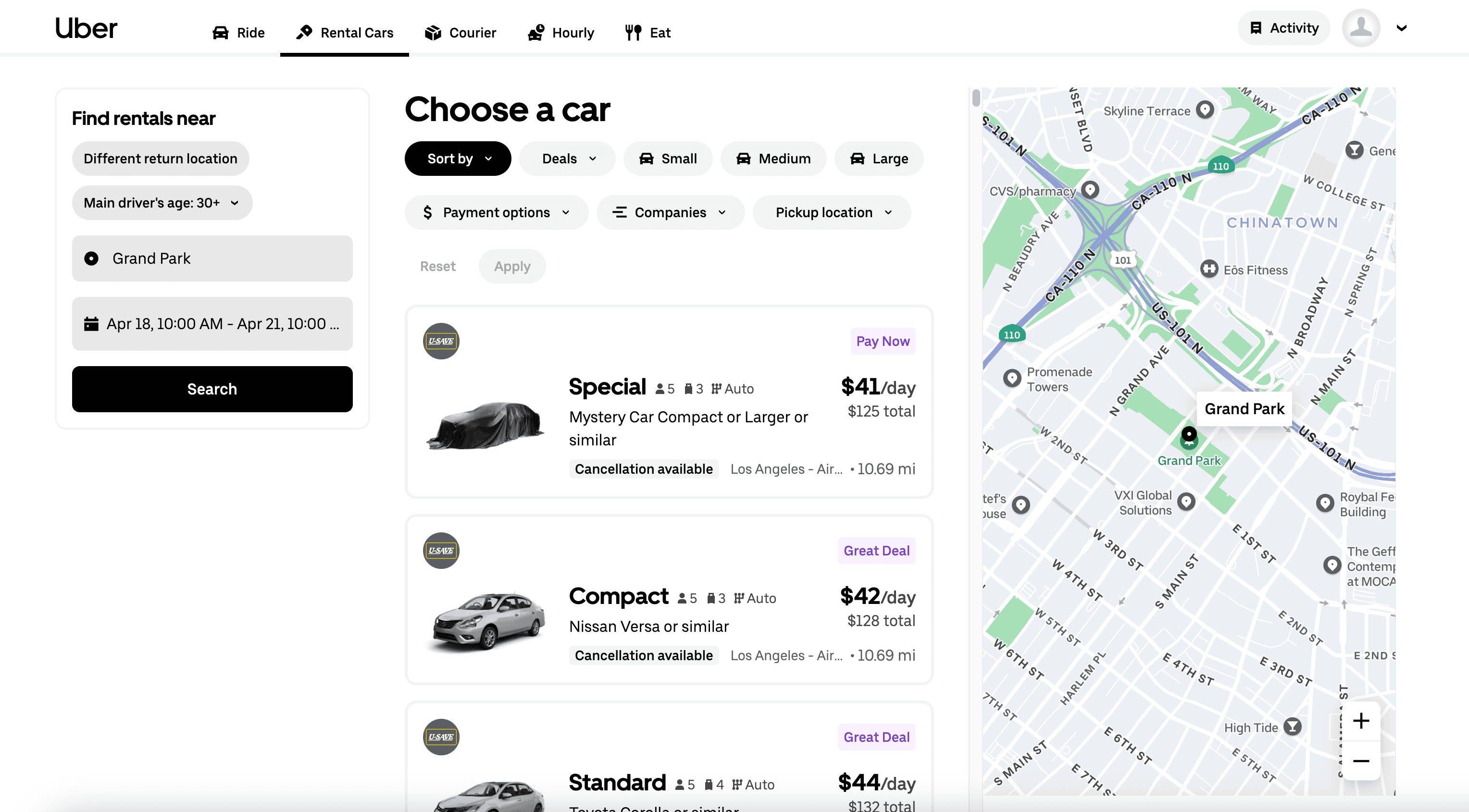 Rental Cars Search Result Screenshot