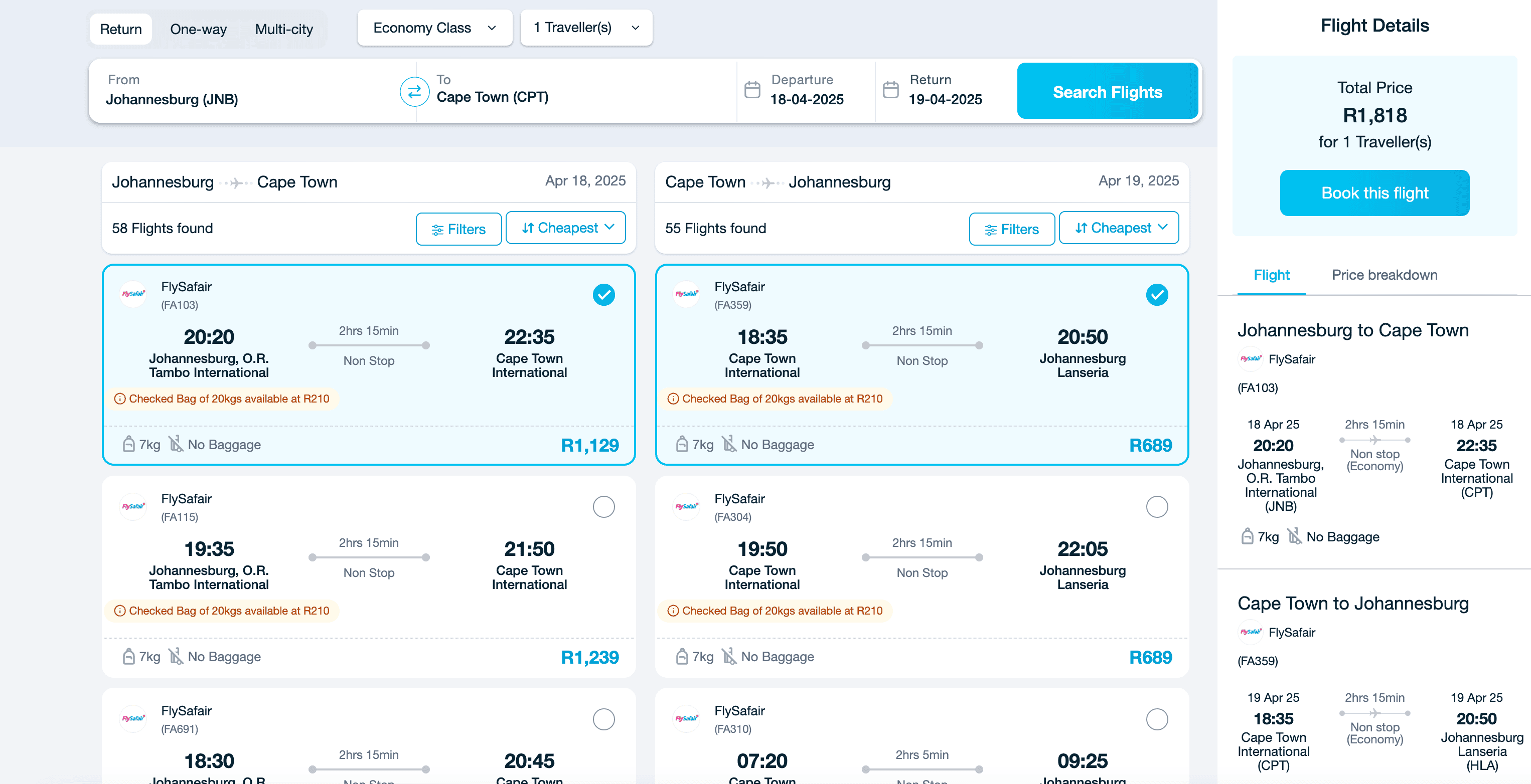Travelstart Flights Search Result Screenshot