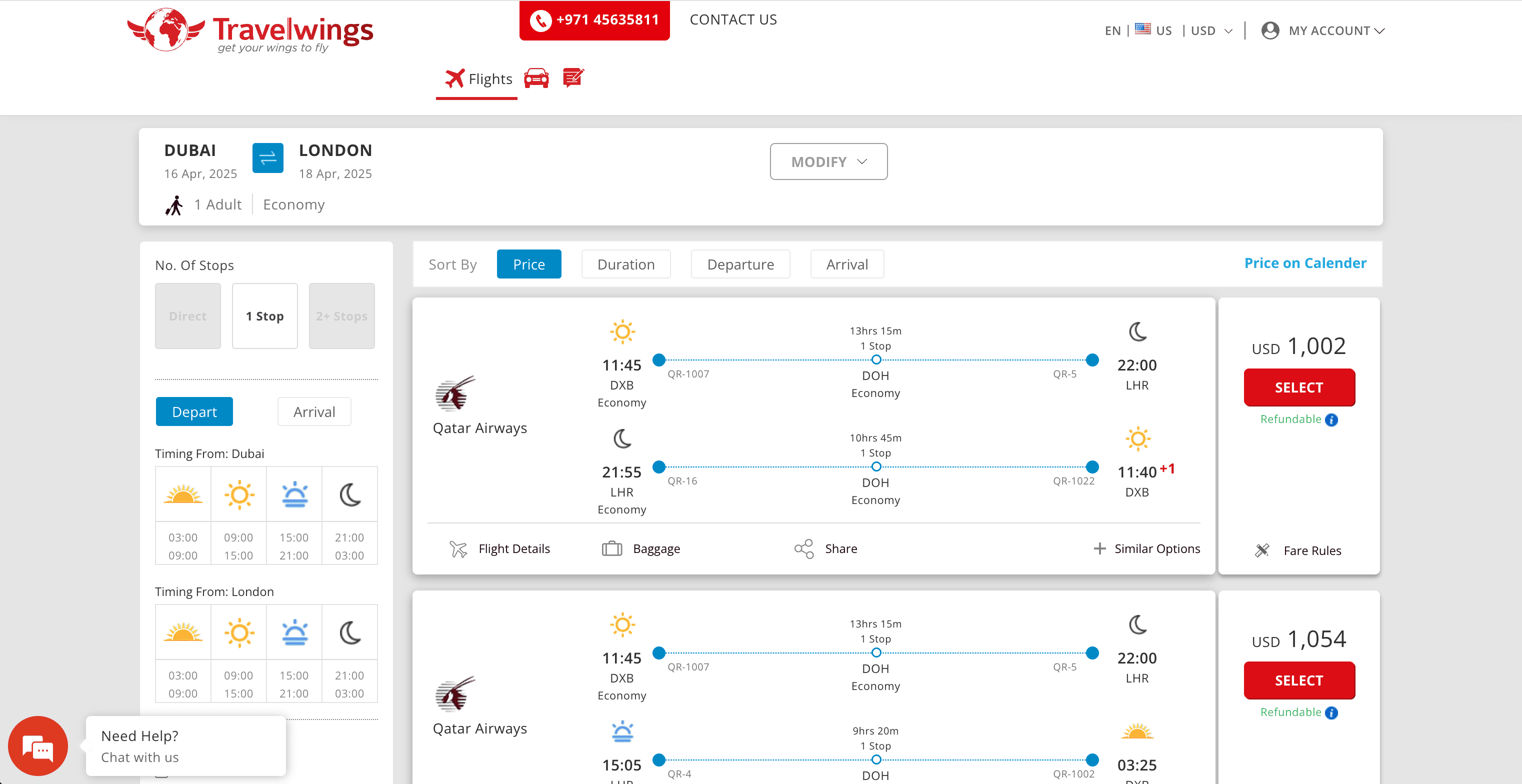 Flights Search Result Screenshot