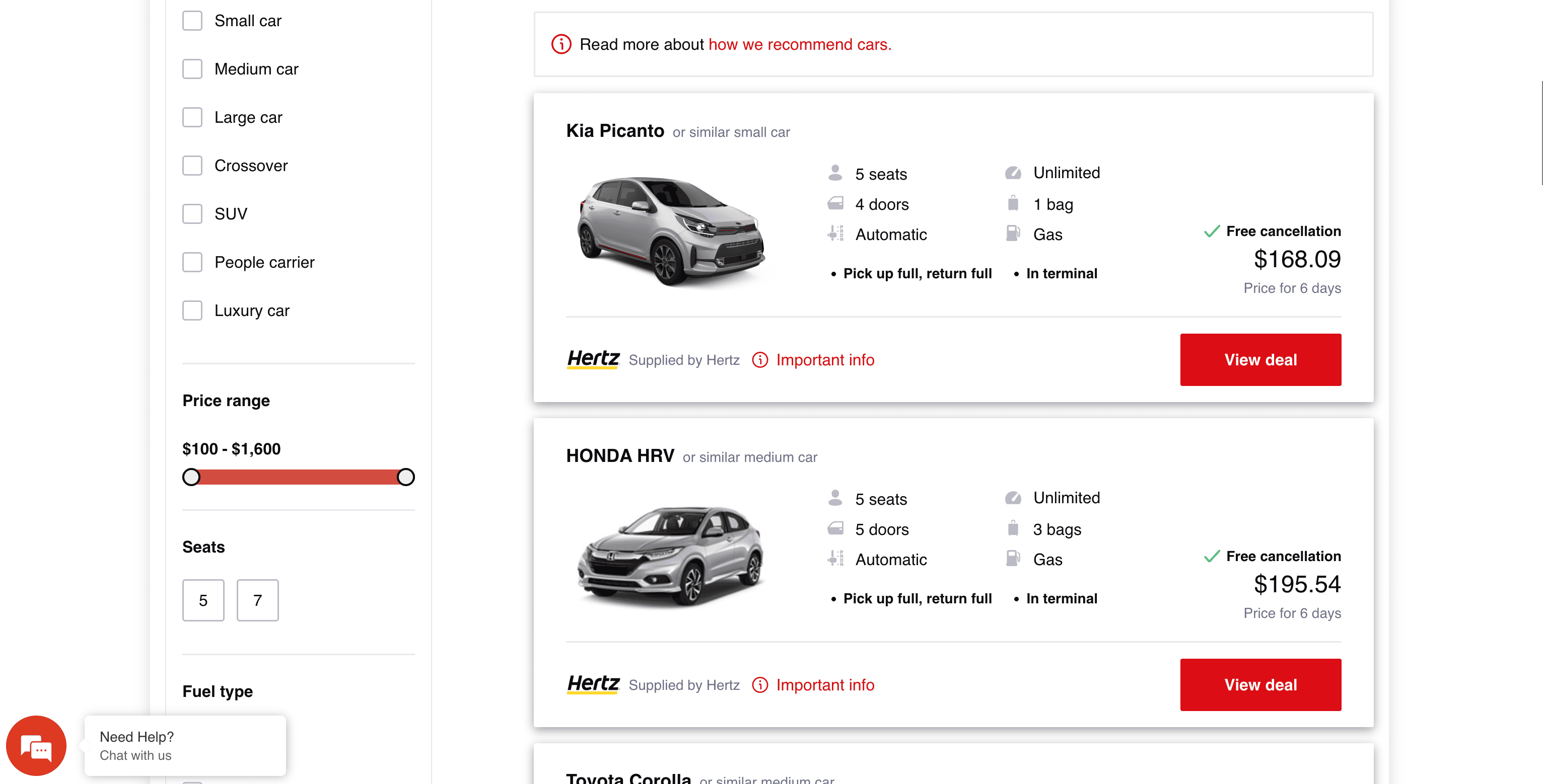 Rental Cars Search Result Screenshot