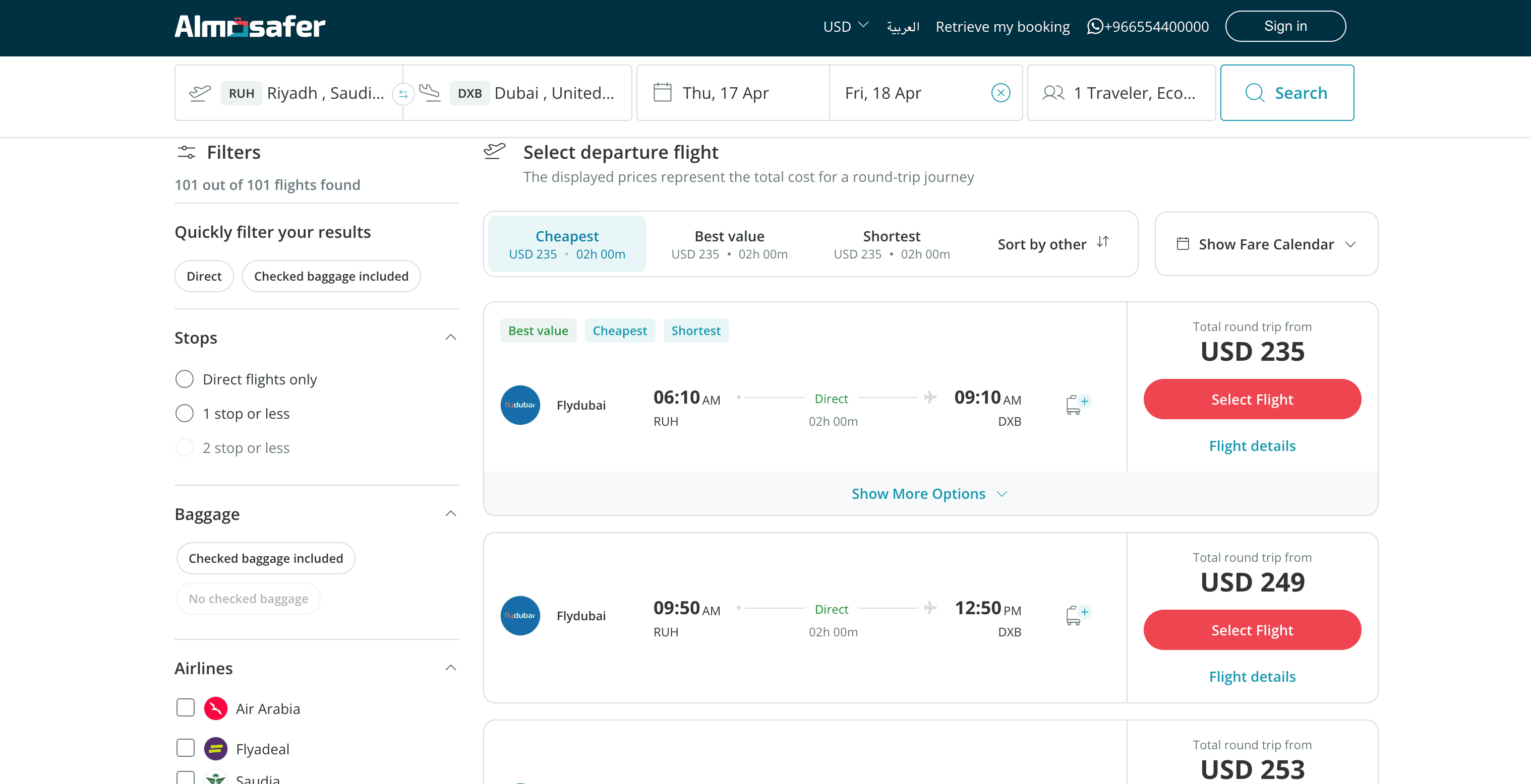Flights Search Result Screenshot