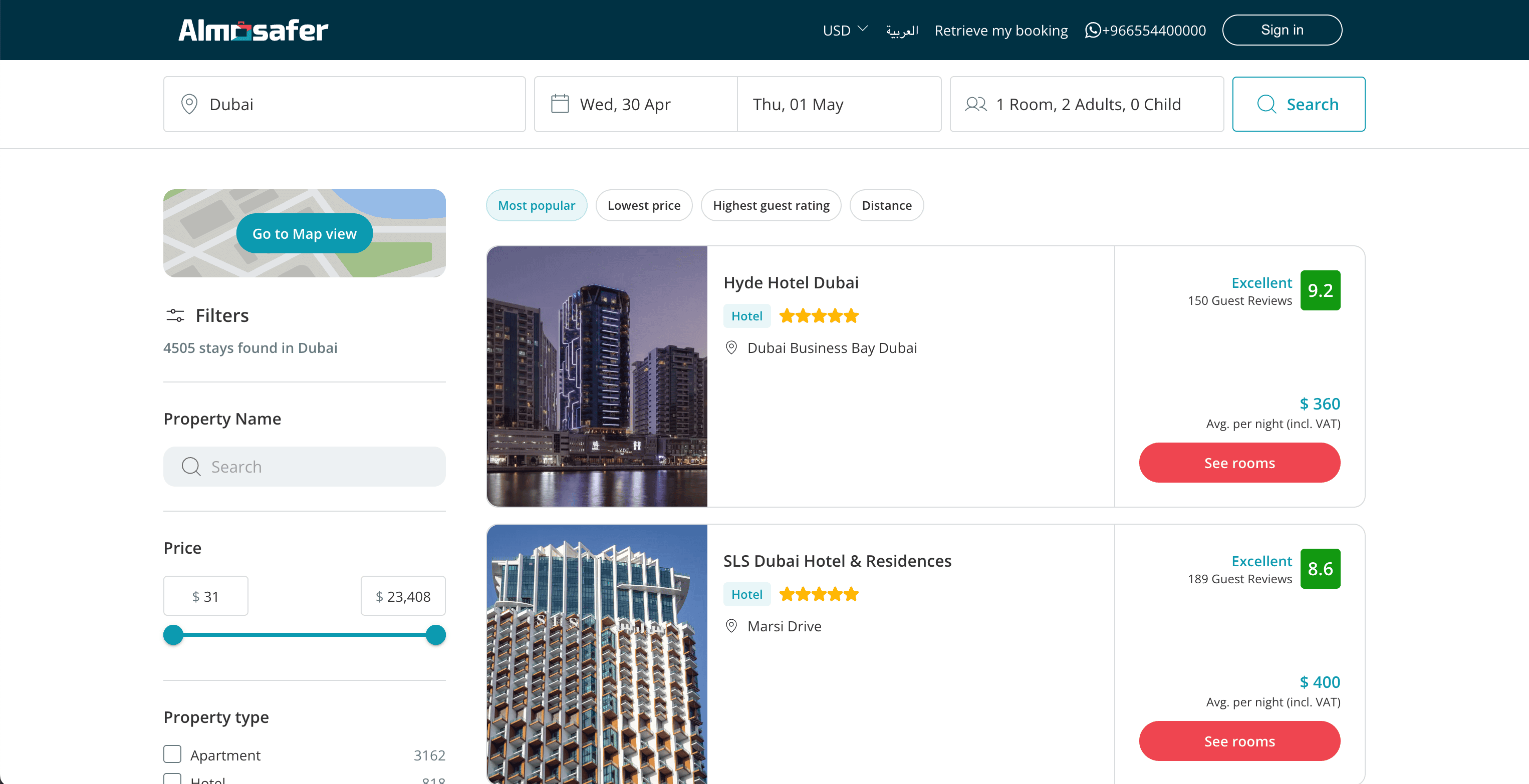 Hotels Search Result Screenshot