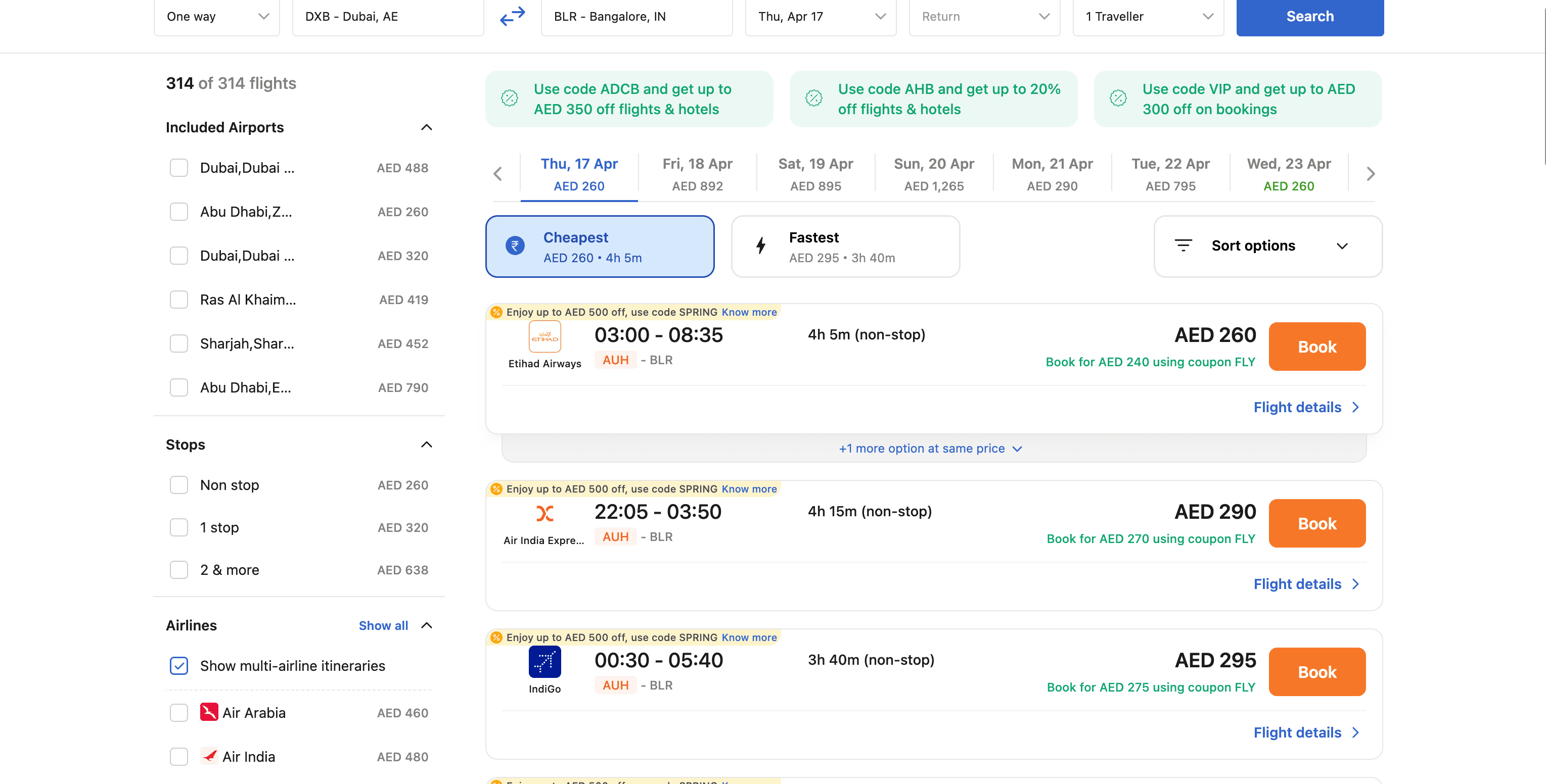 Cleartrip Flights Search Result Screenshot