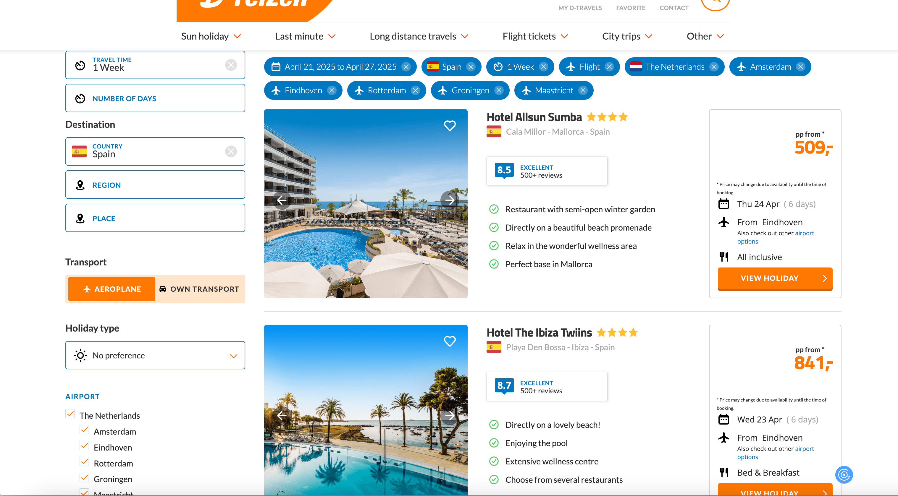 D-reizen Holidays Search Result Screenshot