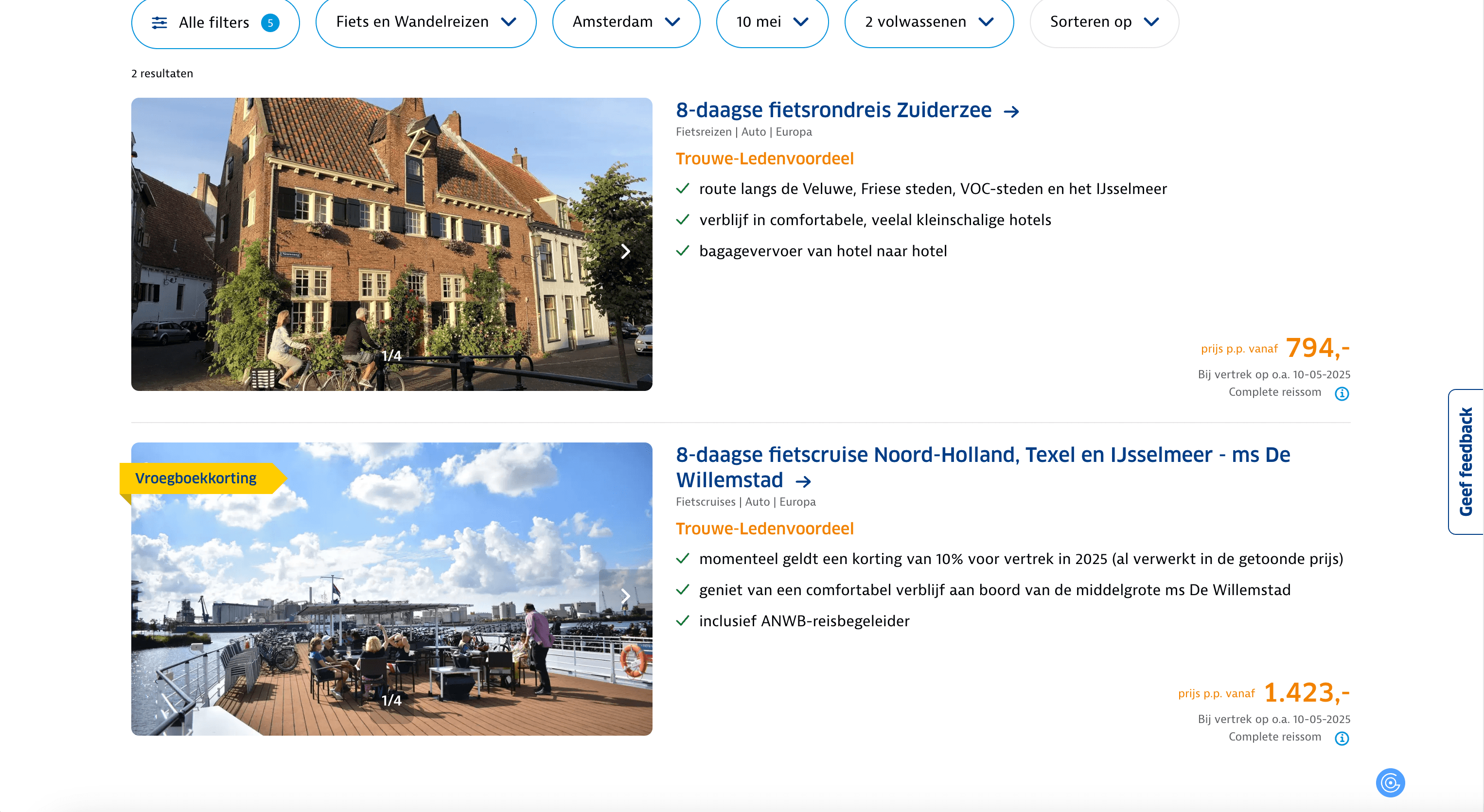 ANWB Holidays Search Result Screenshot