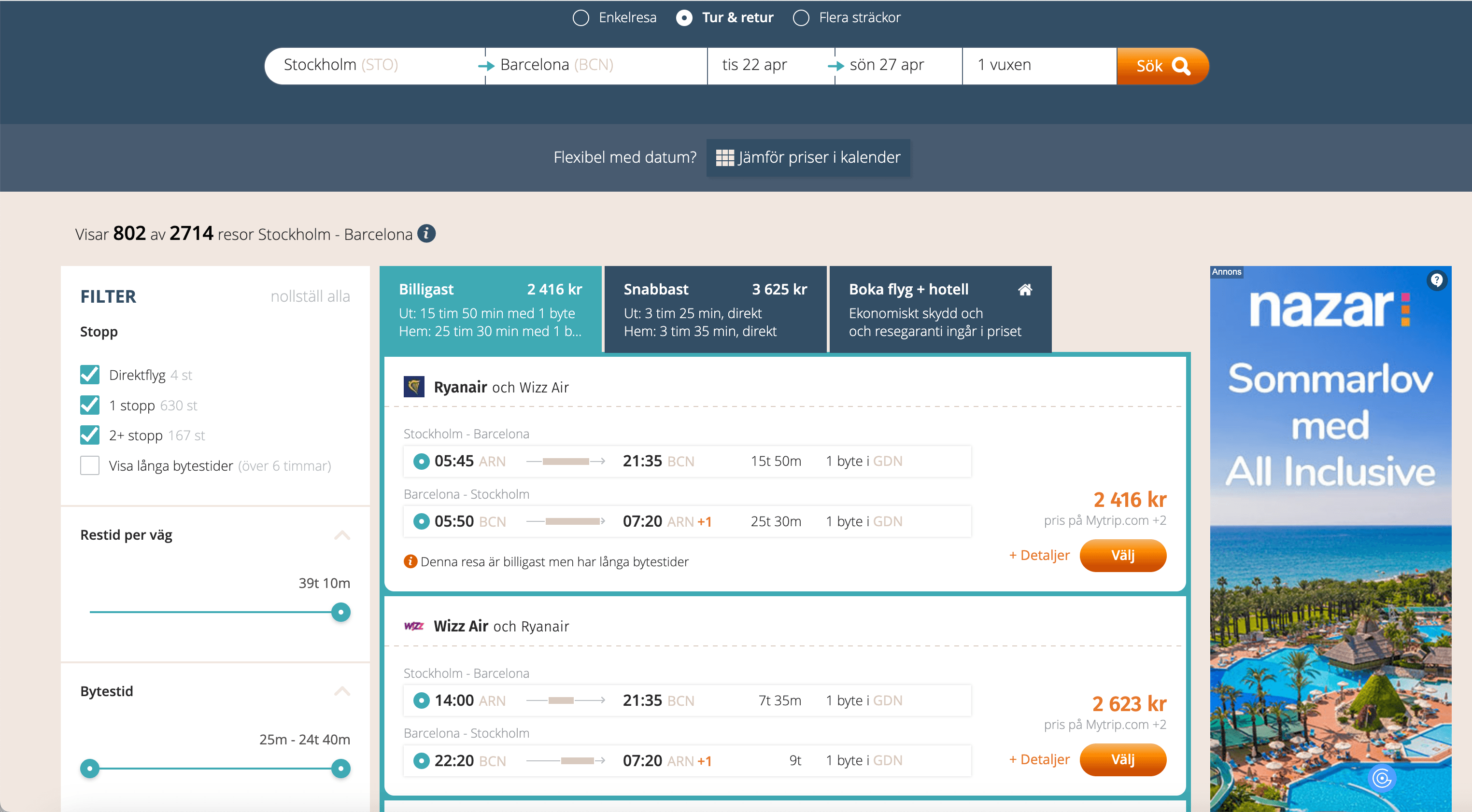Flights Search Result Screenshot