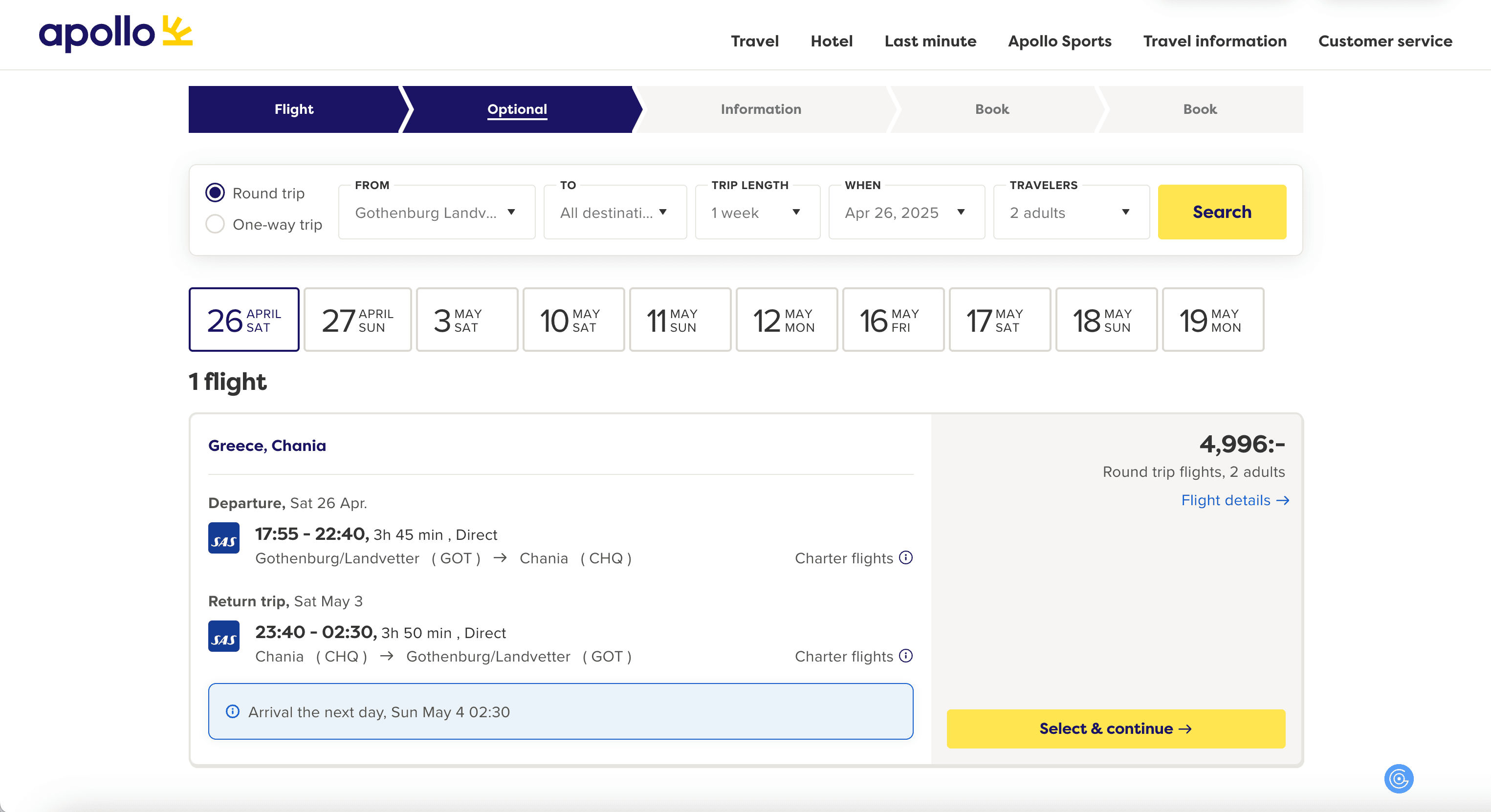 Apollo.se Flights Search Result Screenshot