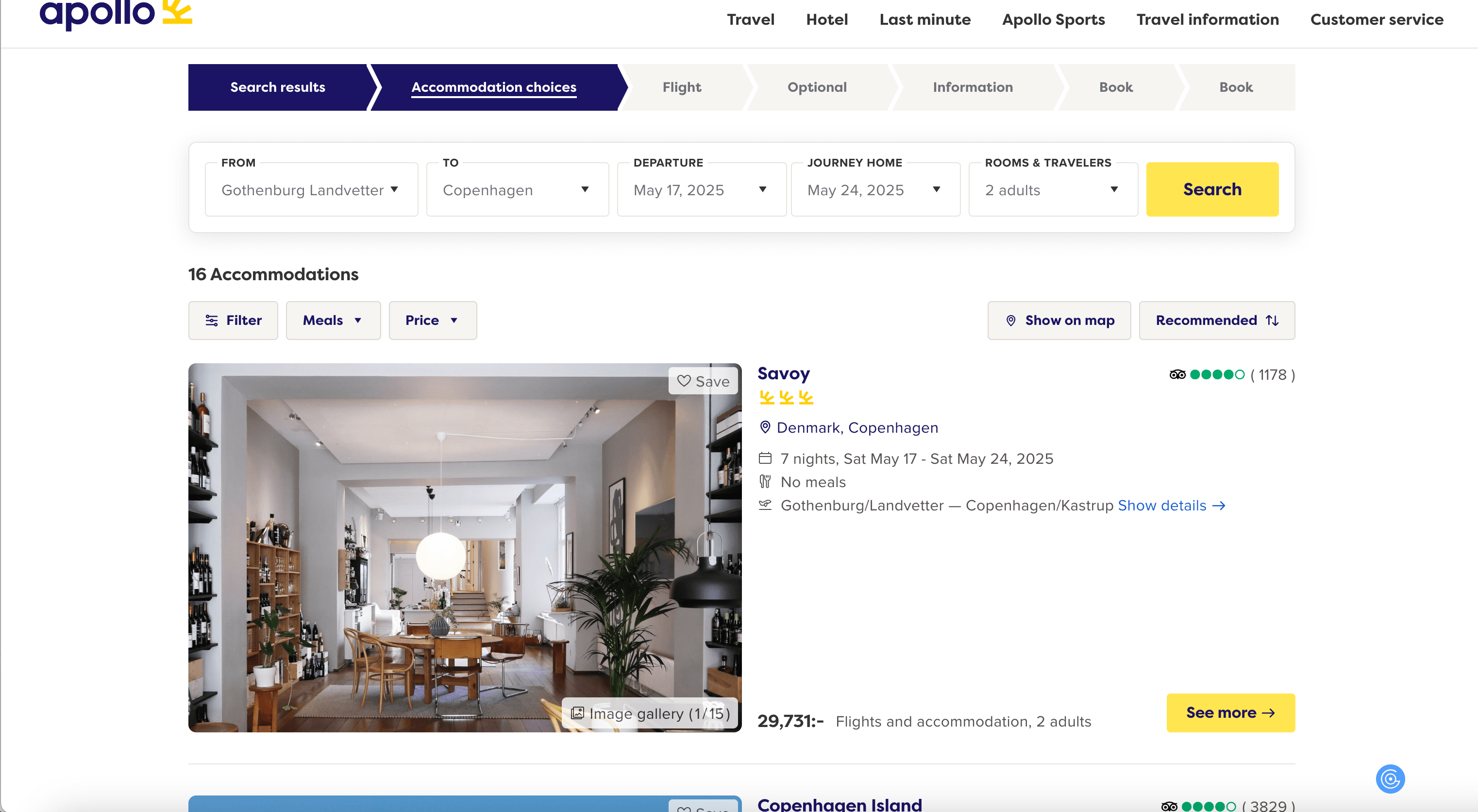 Apollo.se Accommodations Search Result Screenshot
