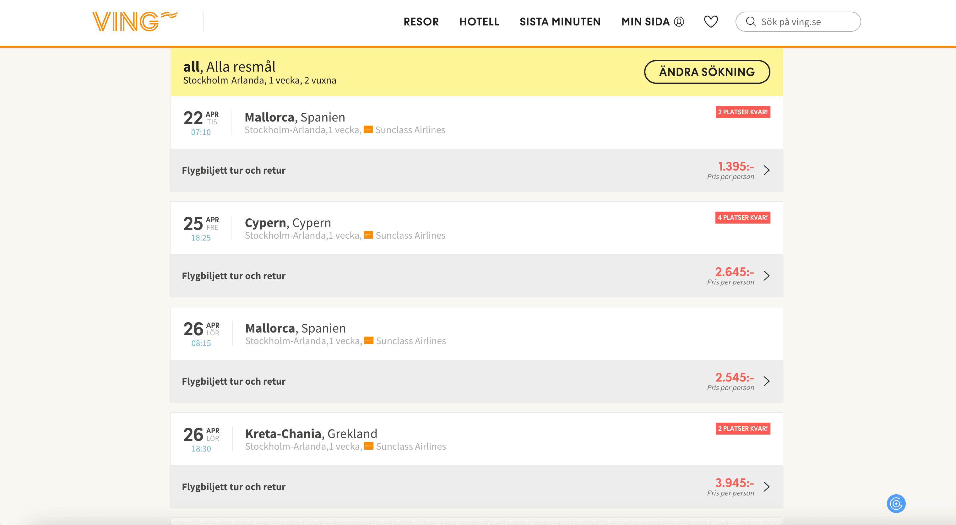 Ving SE Flights Search Result Screenshot