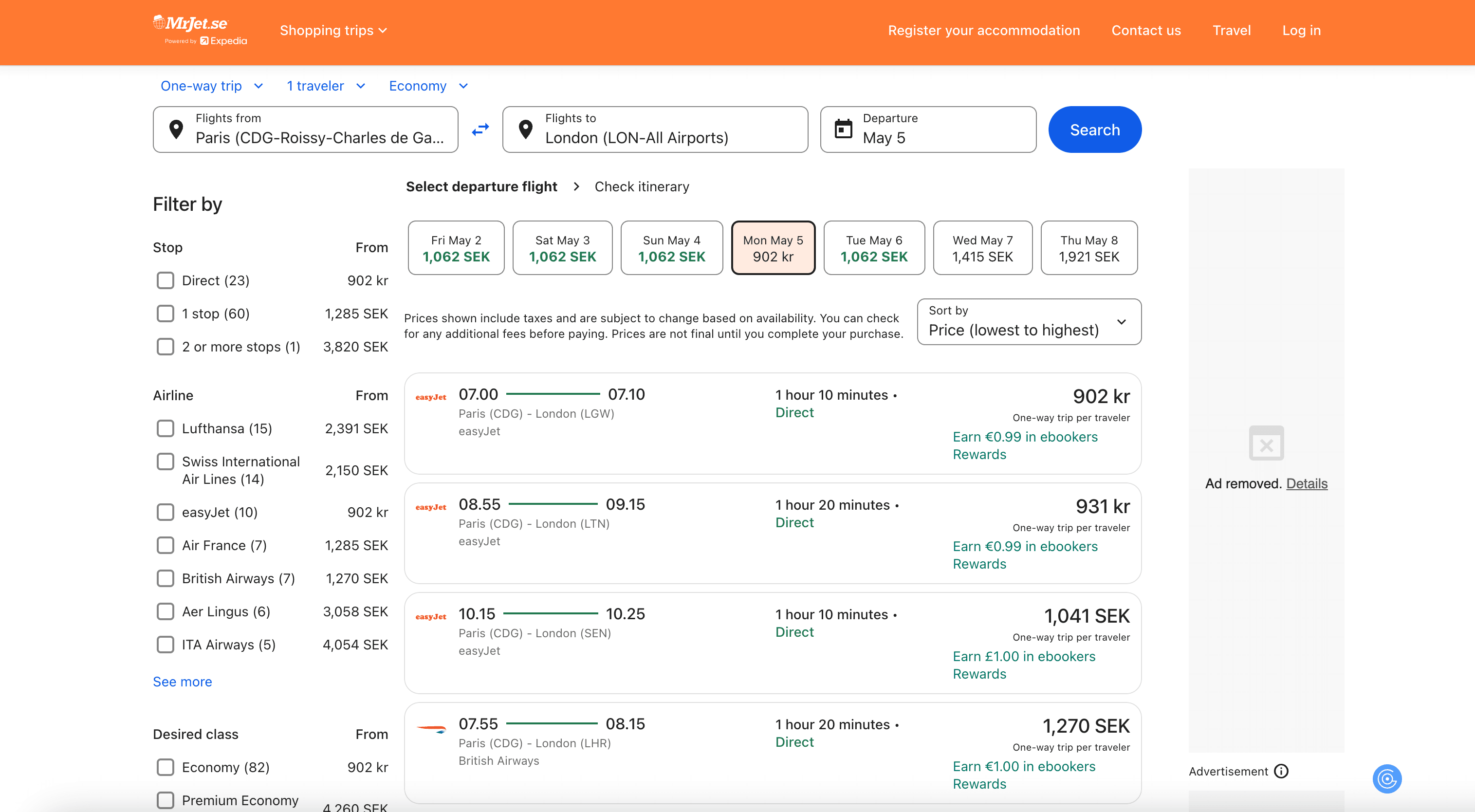 Flights Search Result Screenshot