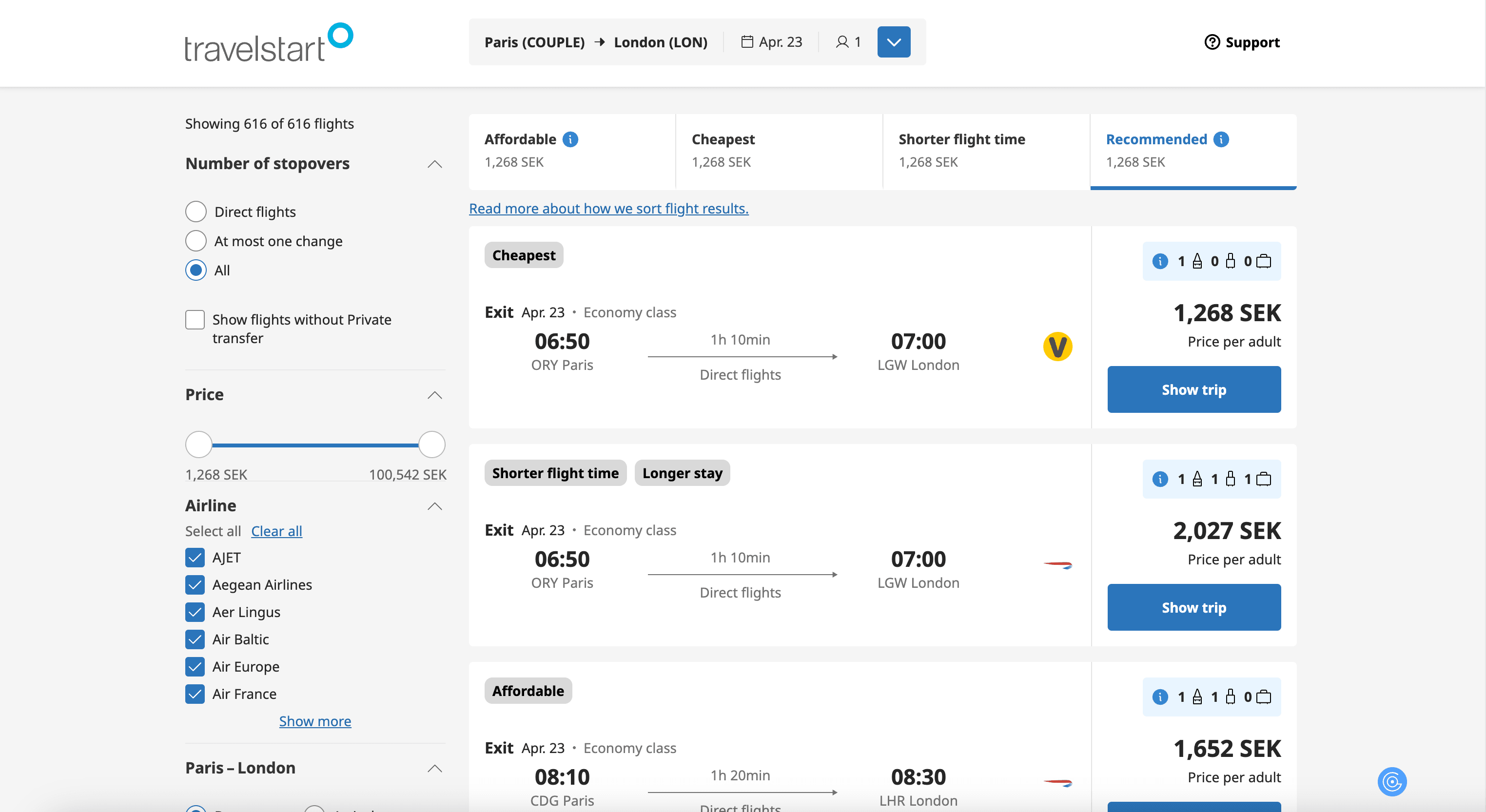 Flights Search Result Page Screenshot