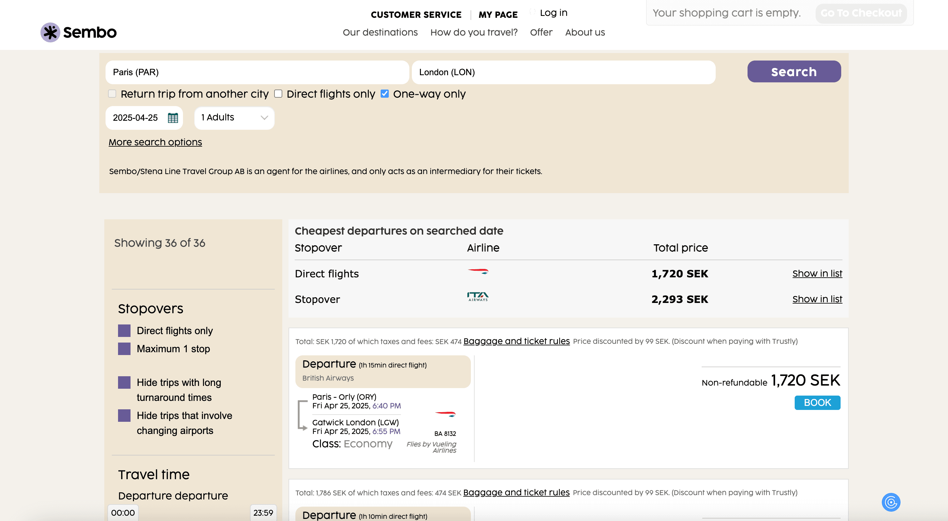 Sembo Flights Search Result Screenshot