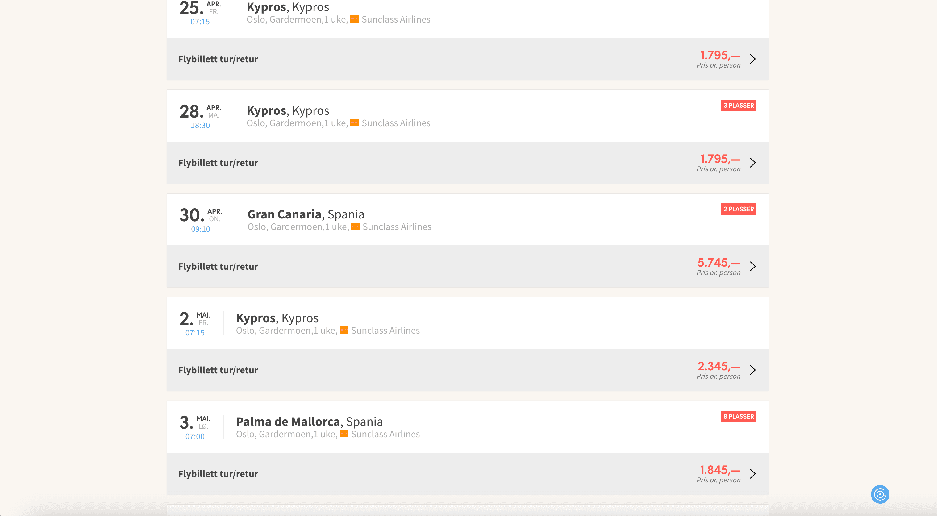 Ving.no Flights Search Result Screenshot