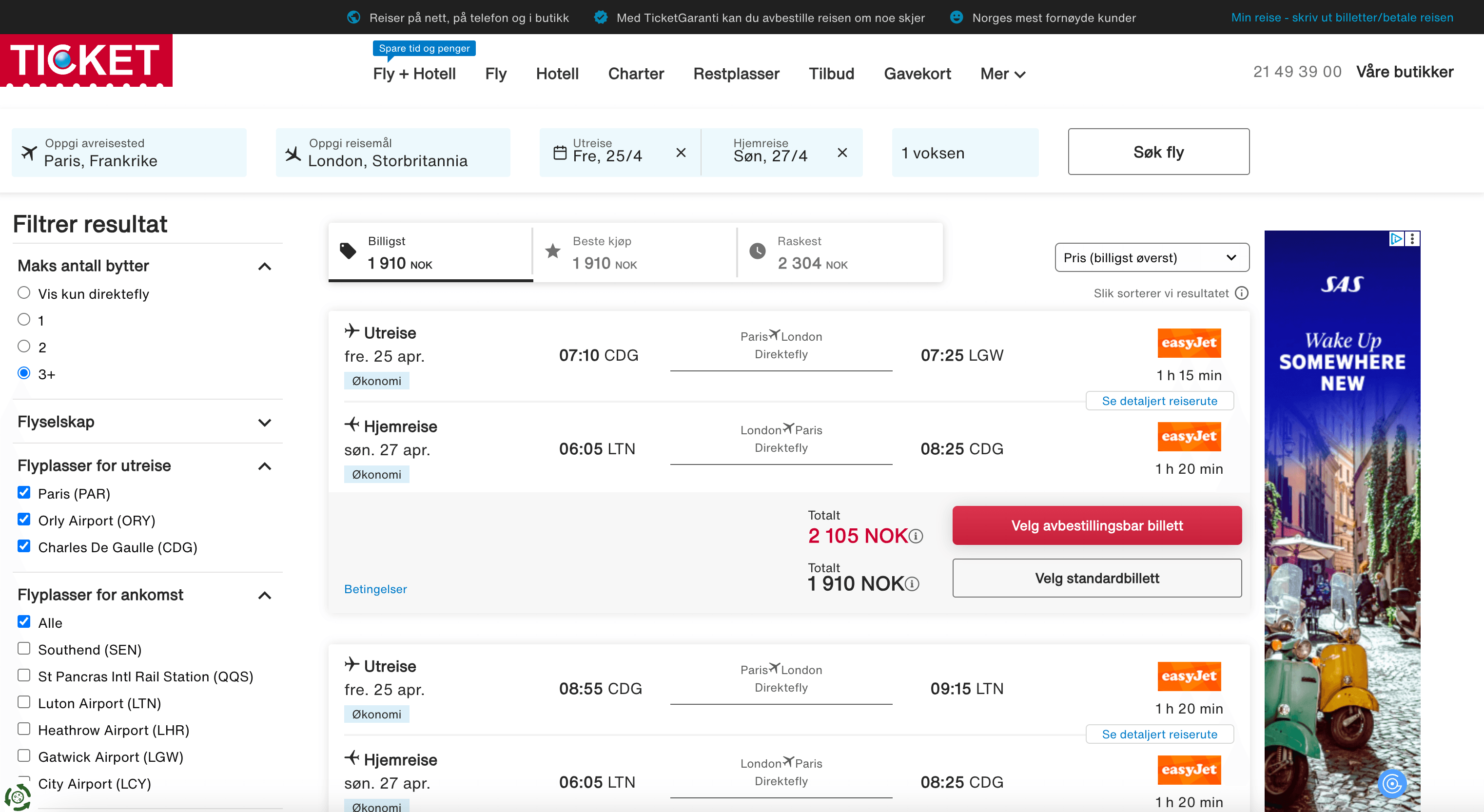 Ticket.no Flights Search Result