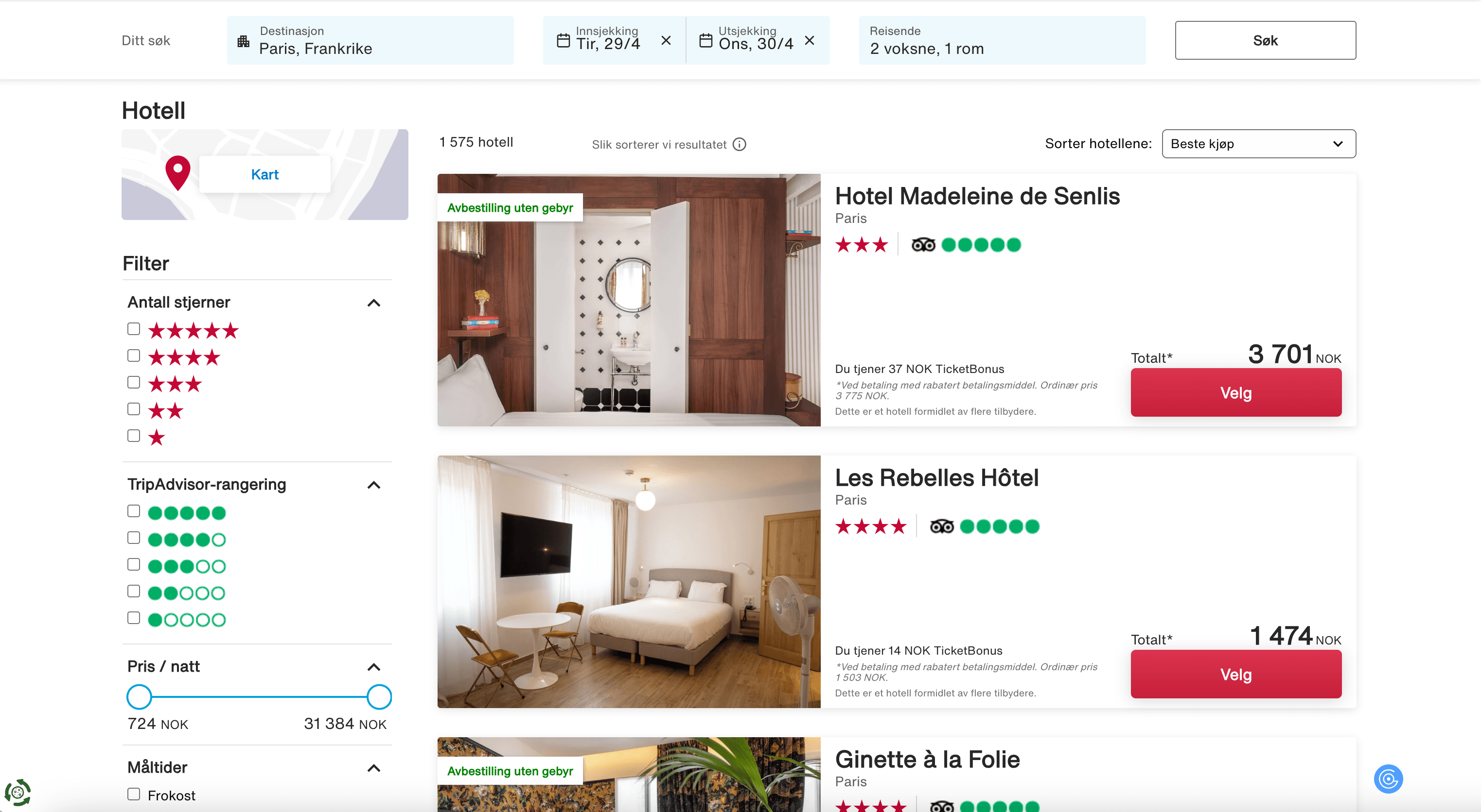 Ticket.no Hotels Search Result