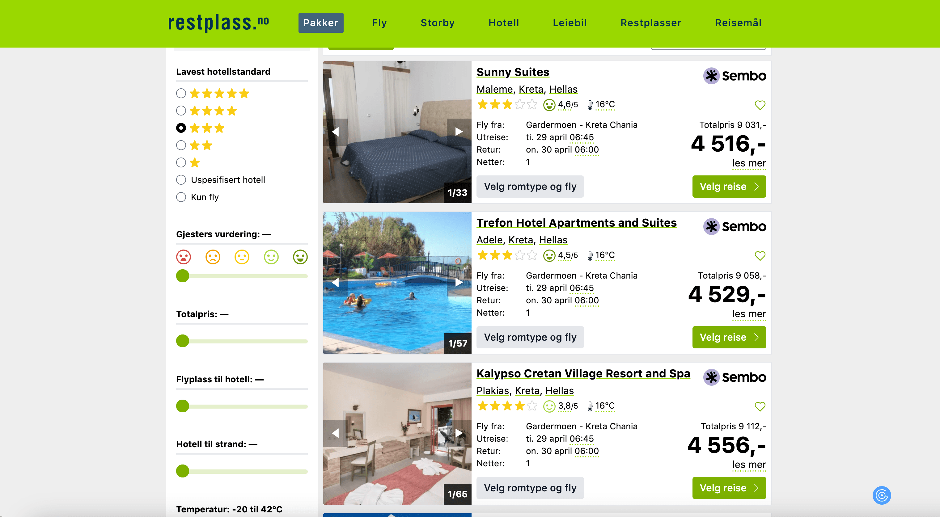 Restplass Hotels Search Result Screenshot