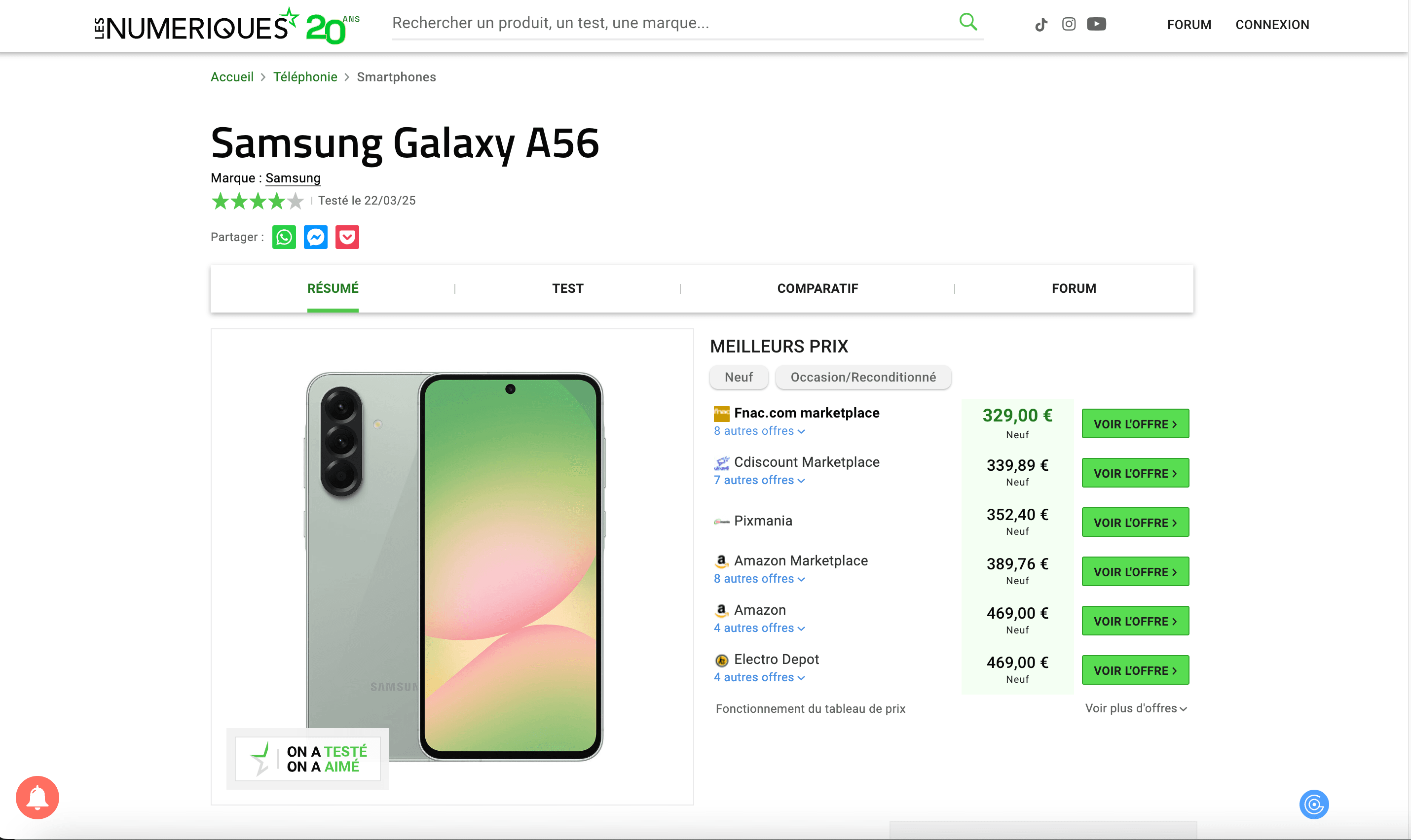 Les Numériques SKU Details Screenshot