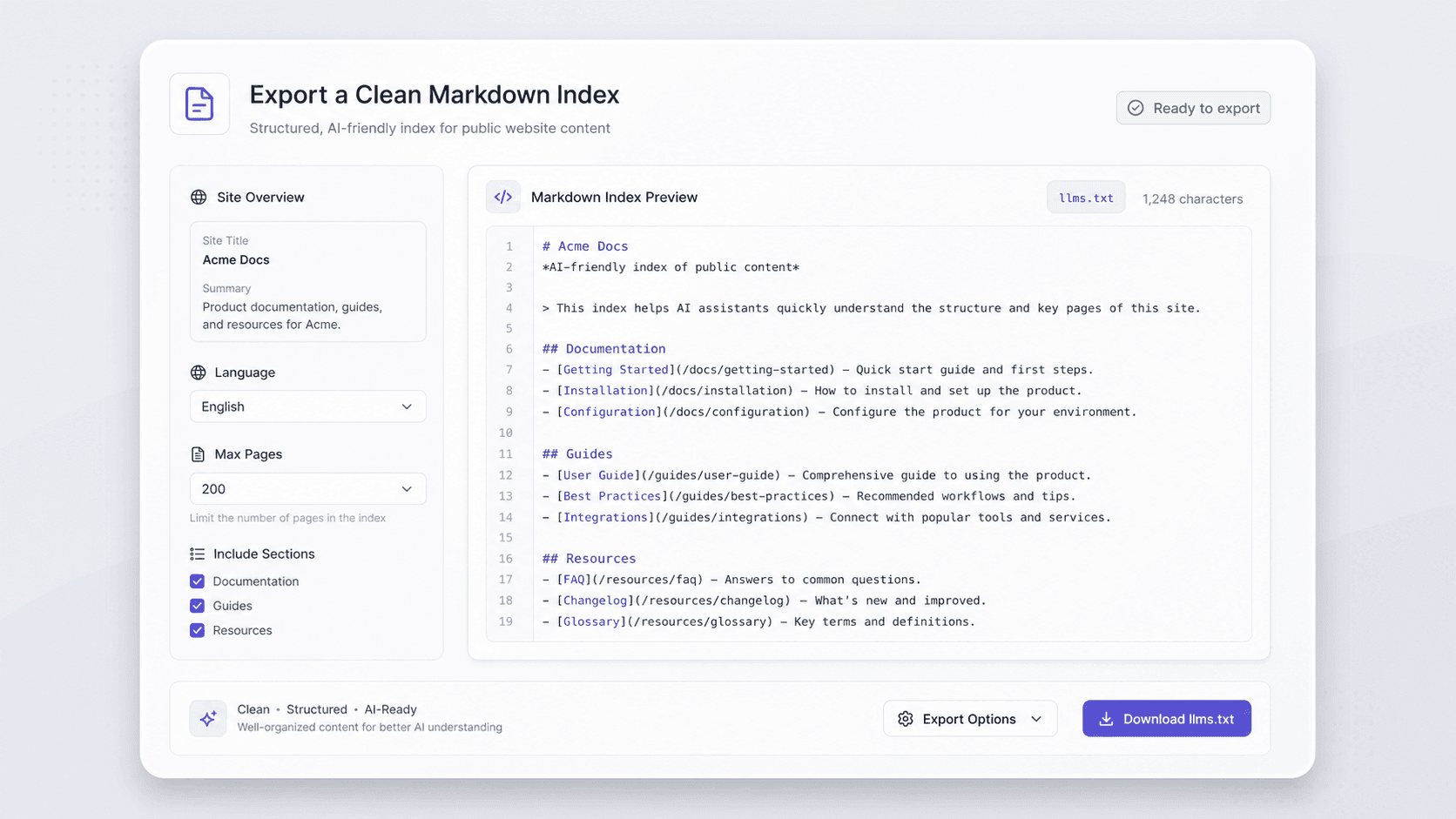 section-03-llms-txt-generator-clean-markdown-index-v1.png