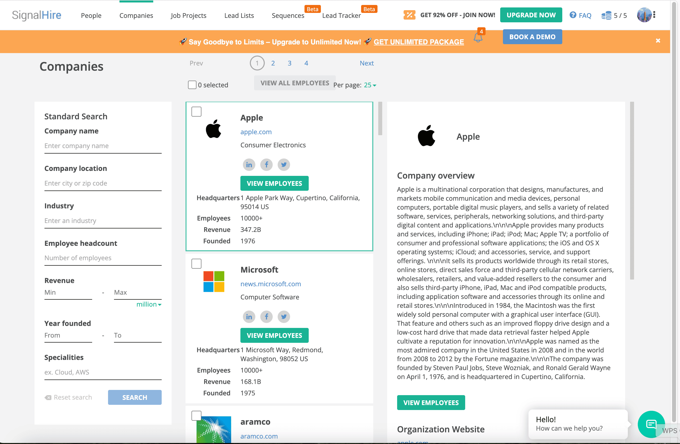 Captura de pantalla de Resultados de Búsqueda de Empresas