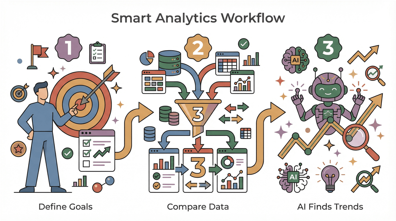 Smart Analytics Workflow with steps: Define Goals, Compare Data, and AI Finds Trends illustrated with icons.