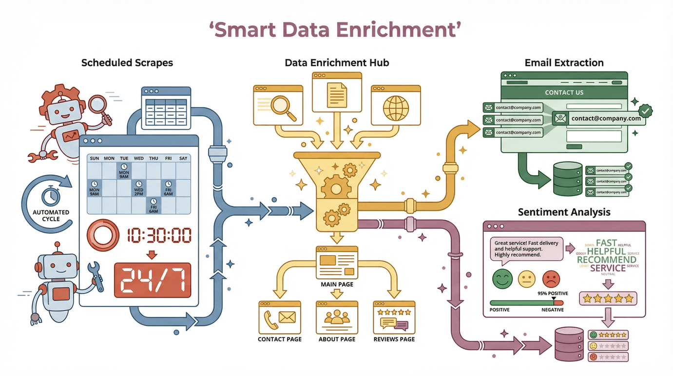Smart Data Enrichment workflow diagram with scheduled scrapes, data enrichment hub, email extraction, and sentiment analysis.