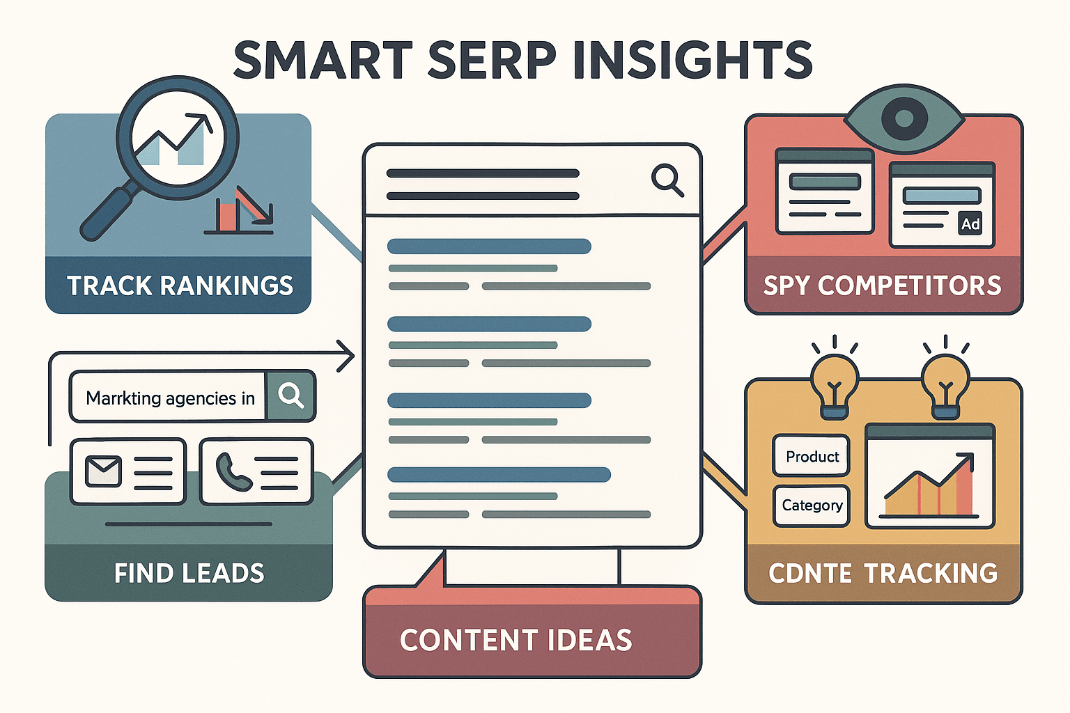 Infographic titled "Smart SERP Insights" illustrating features of a search engine results analysis tool, including tracking rankings, finding leads, spying on competitors, generating content ideas, and tracking category/product performance.