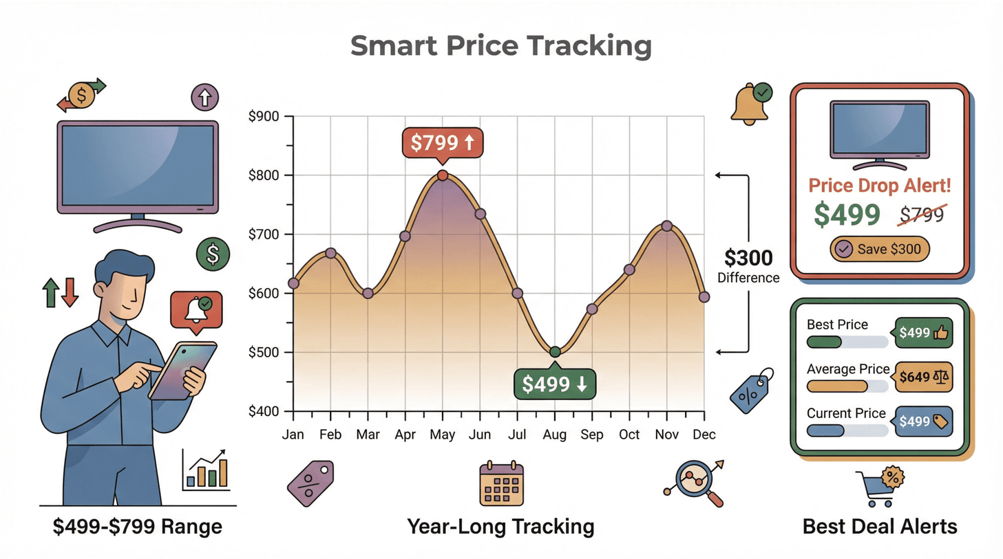 Smart price tracking dashboard with year-long price graph, price drop alert, and best deal summary for a TV.