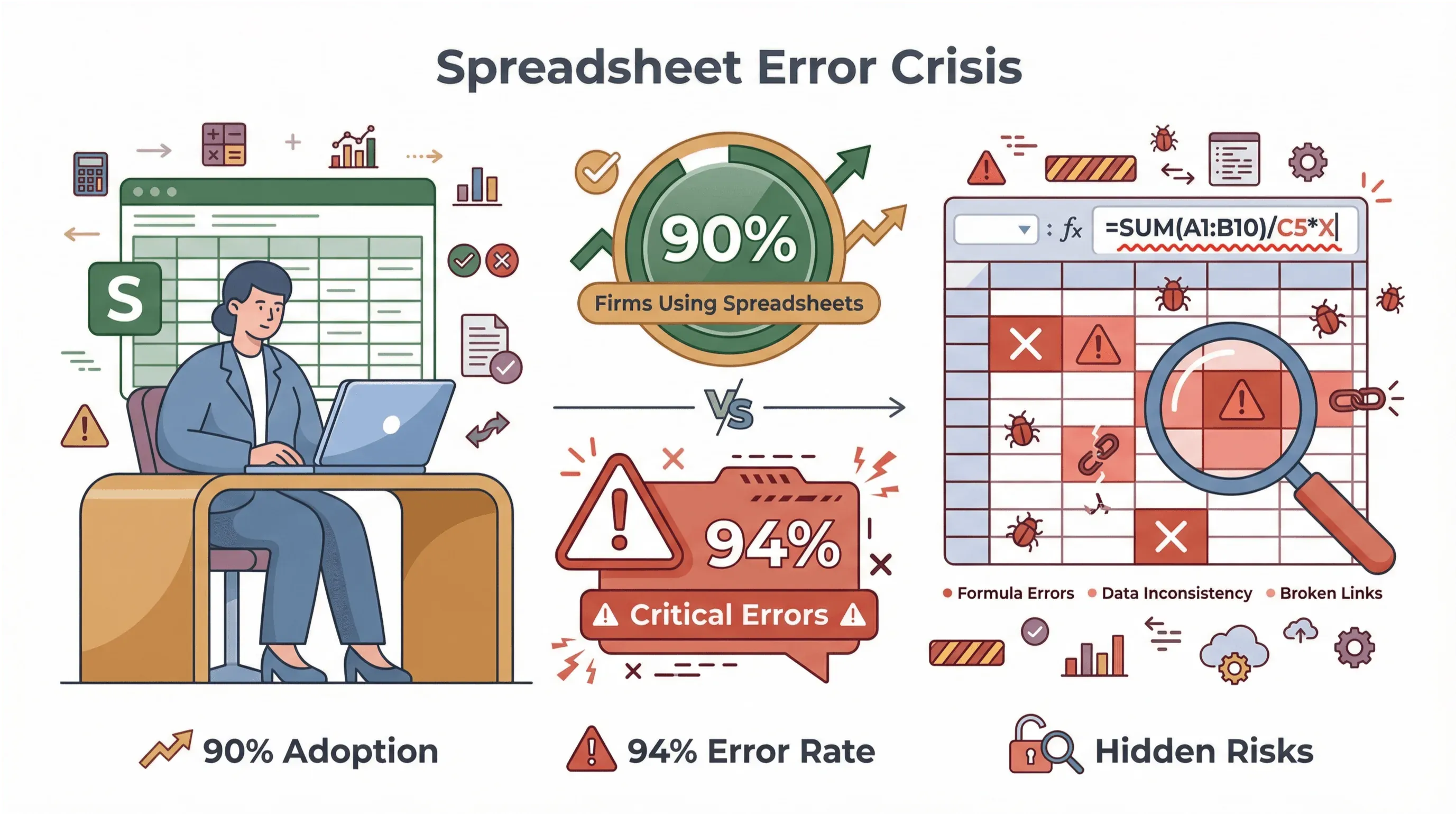 Spreadsheet error crisis infographic showing 90% adoption, 94% critical error rate, and risks like formula errors and data inconsistency.