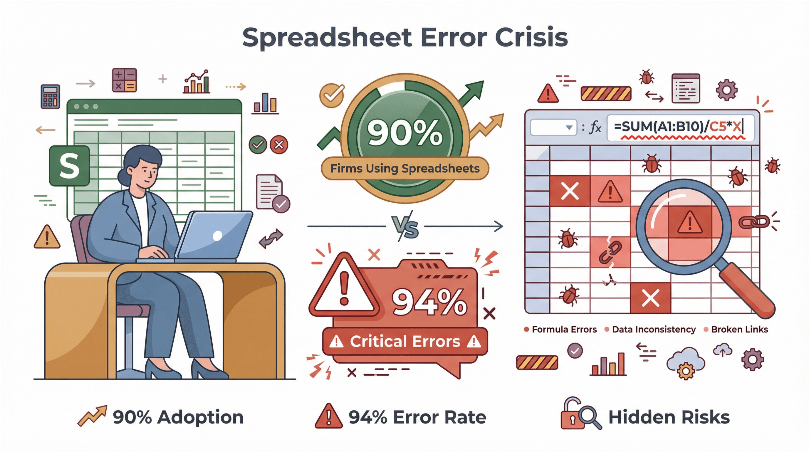 Spreadsheet error crisis infographic showing 90% adoption, 94% critical error rate, and risks like formula errors and data inconsistency.