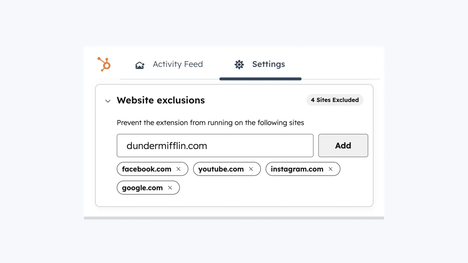 Exclusiones de sitios web y configuración en toda la web de HubSpot