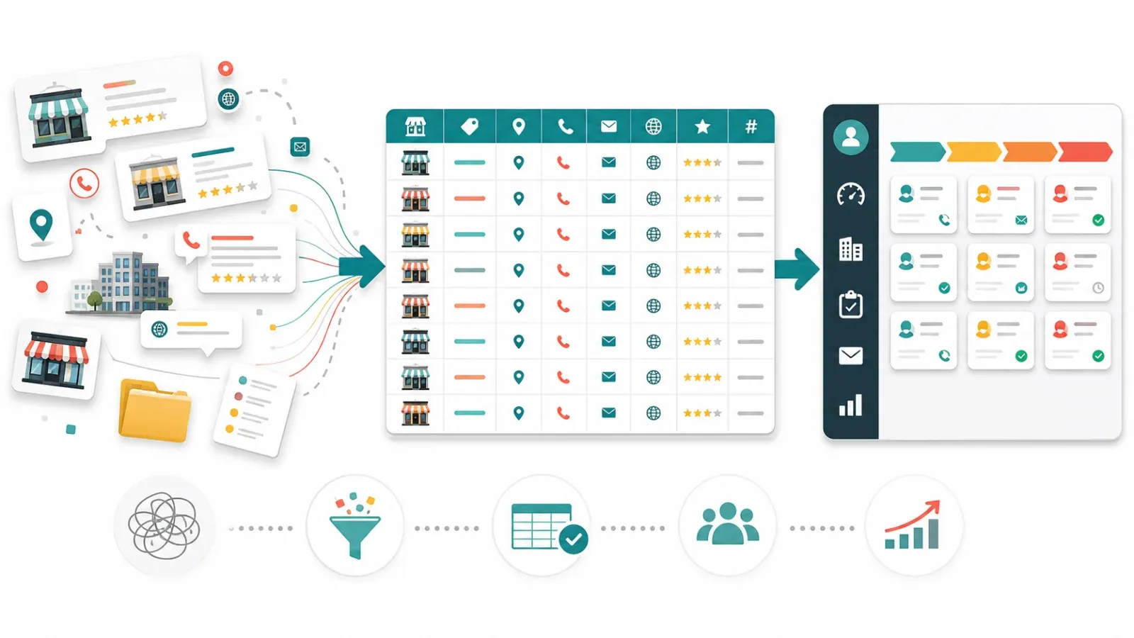 Workflow illustration showing scattered local business data becoming a structured lead list and CRM pipeline