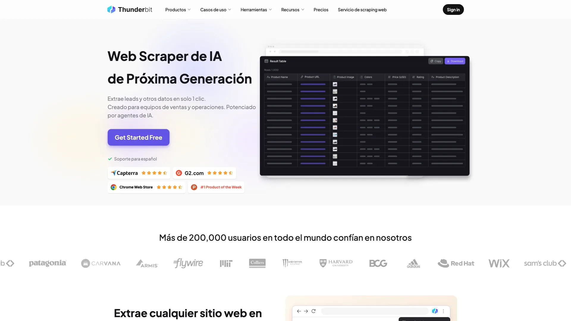 Thunderbit homepage: one click, and the extracted data comes back as a table
