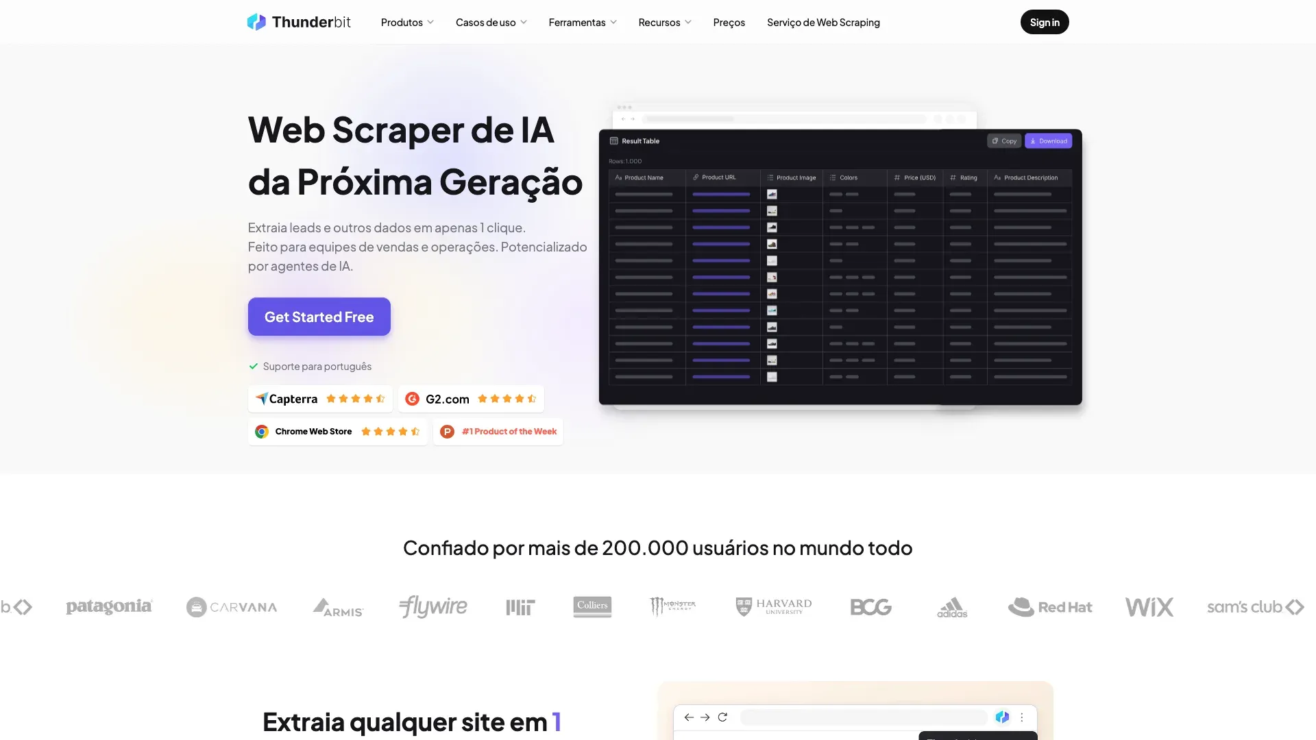 Thunderbit homepage: one click, and the extracted data comes back as a table