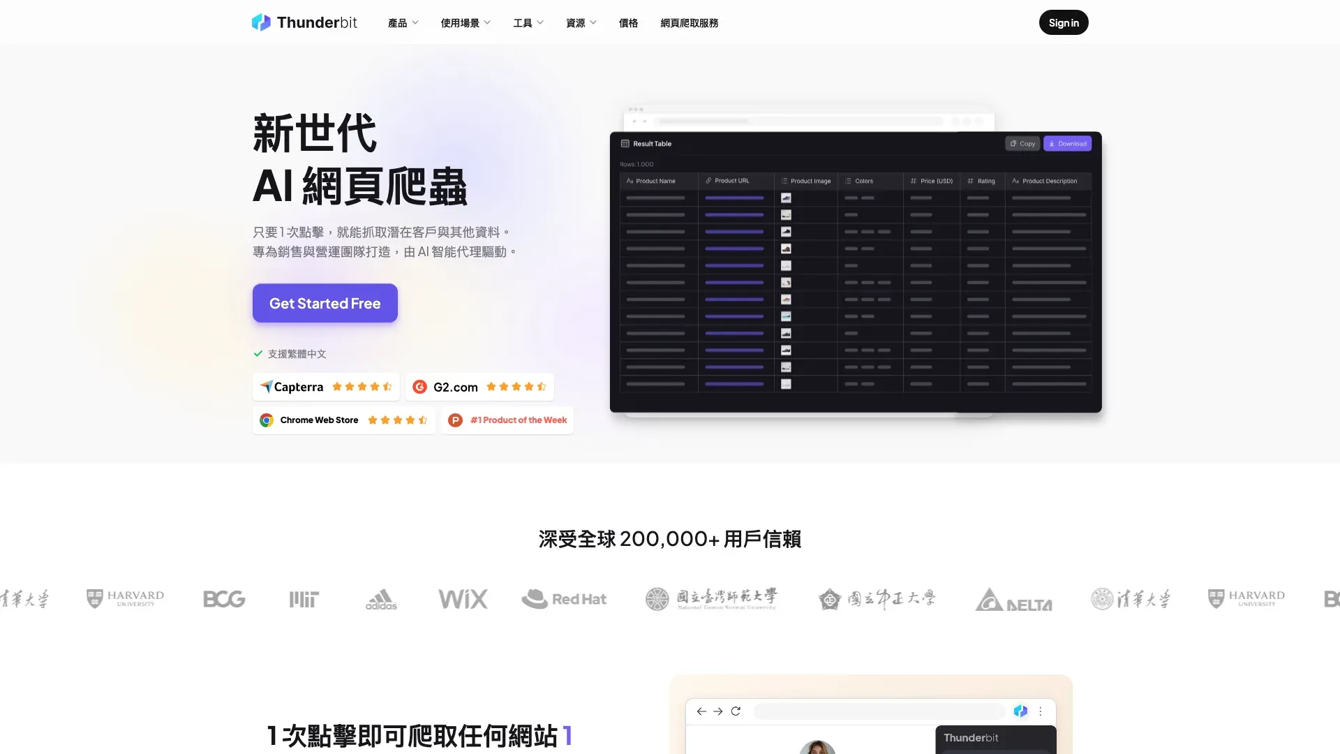 Thunderbit homepage: one click, and the extracted data comes back as a table