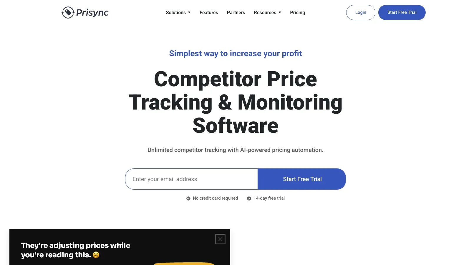 Screenshot der offiziellen Website von Prisync