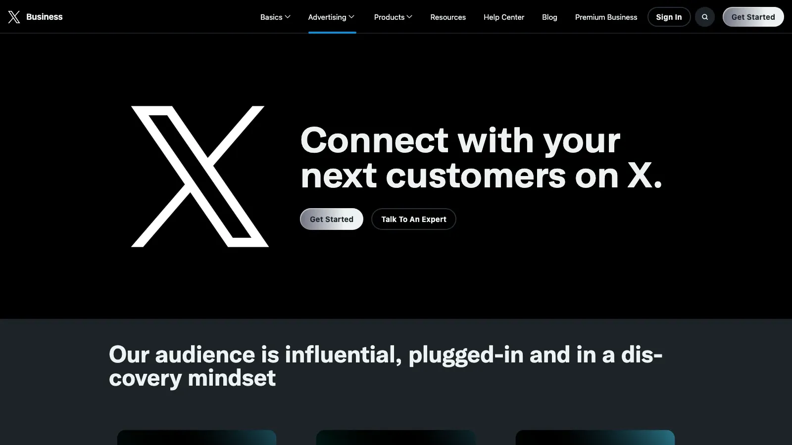 X Business advertising homepage screenshot