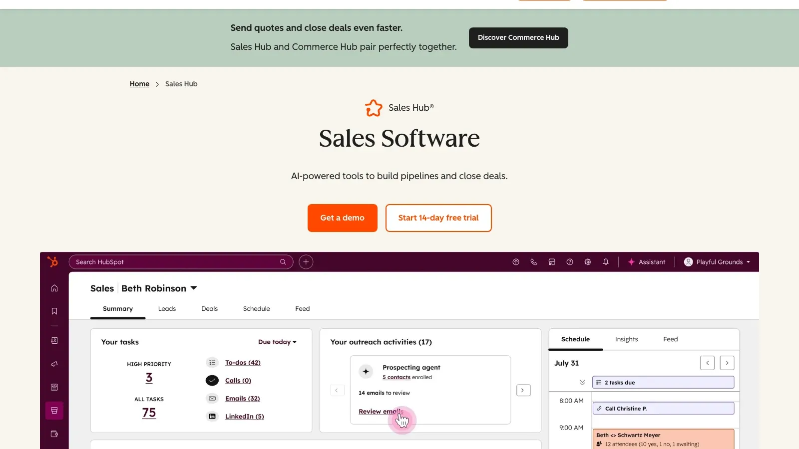 Captura de ecrã do site oficial do HubSpot Sales Hub